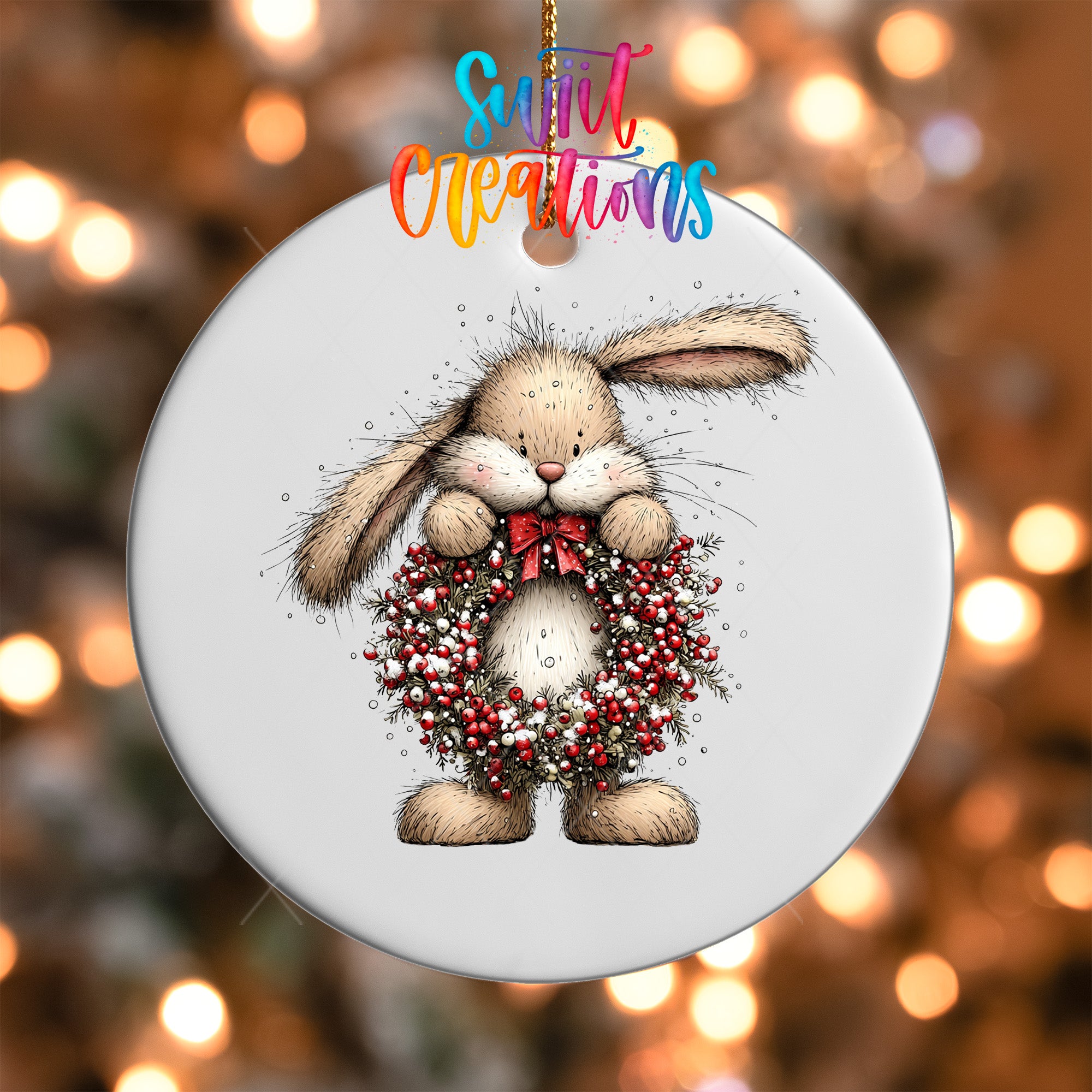 A white ceramic ornament featuring a cartoon rabbit wearing a wreath of berries and flowers, with the text "Sweet Creations" written above it.