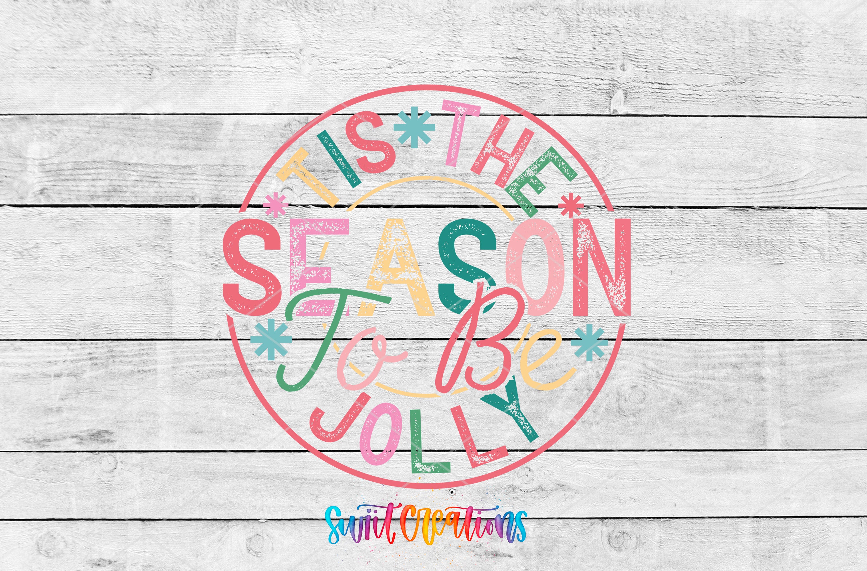 A circular graphic with the text "It's the season to be jolly" in a colorful, stylized font.