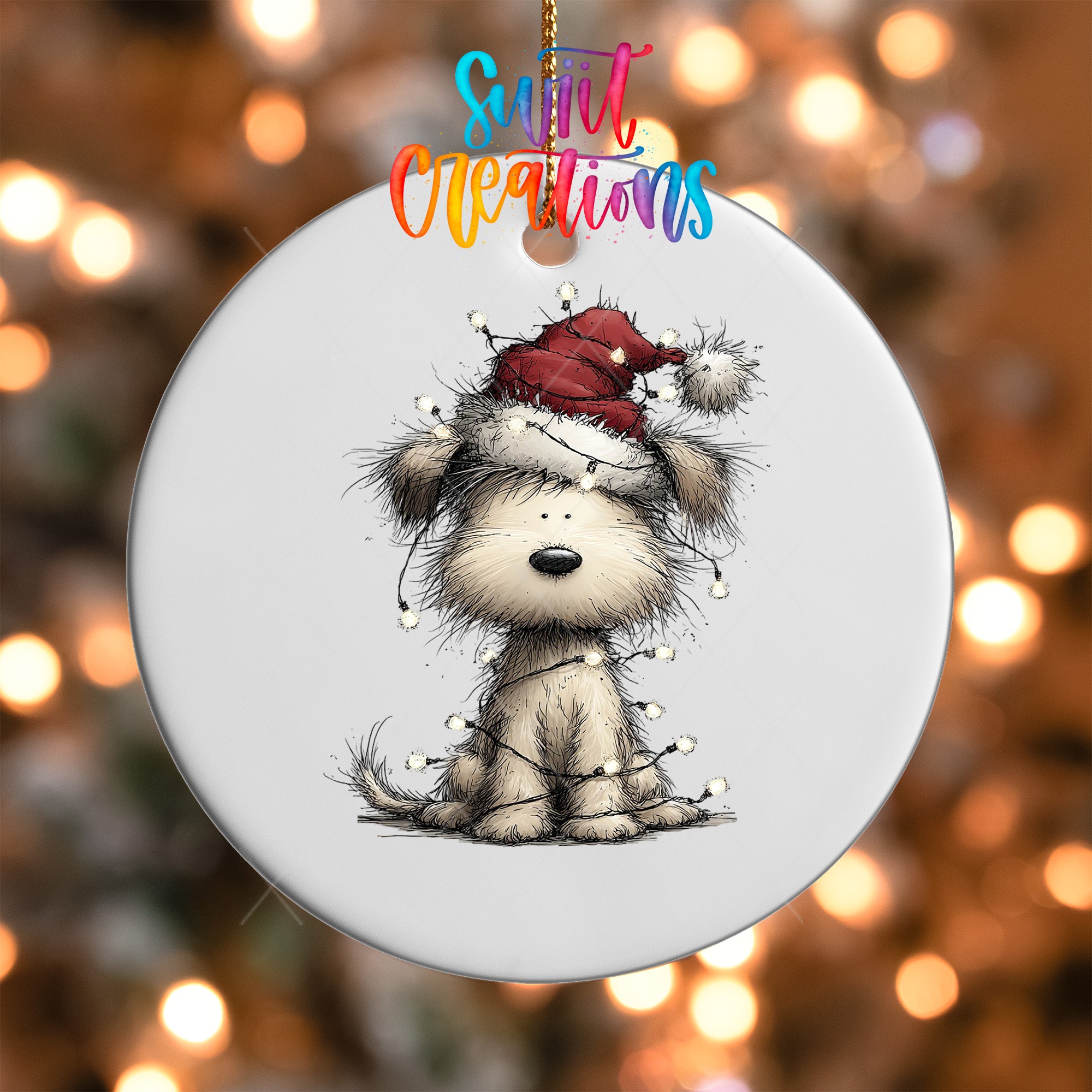 A ceramic ornament featuring a cartoon illustration of a dog wearing a Santa hat, with Christmas lights in the background.
