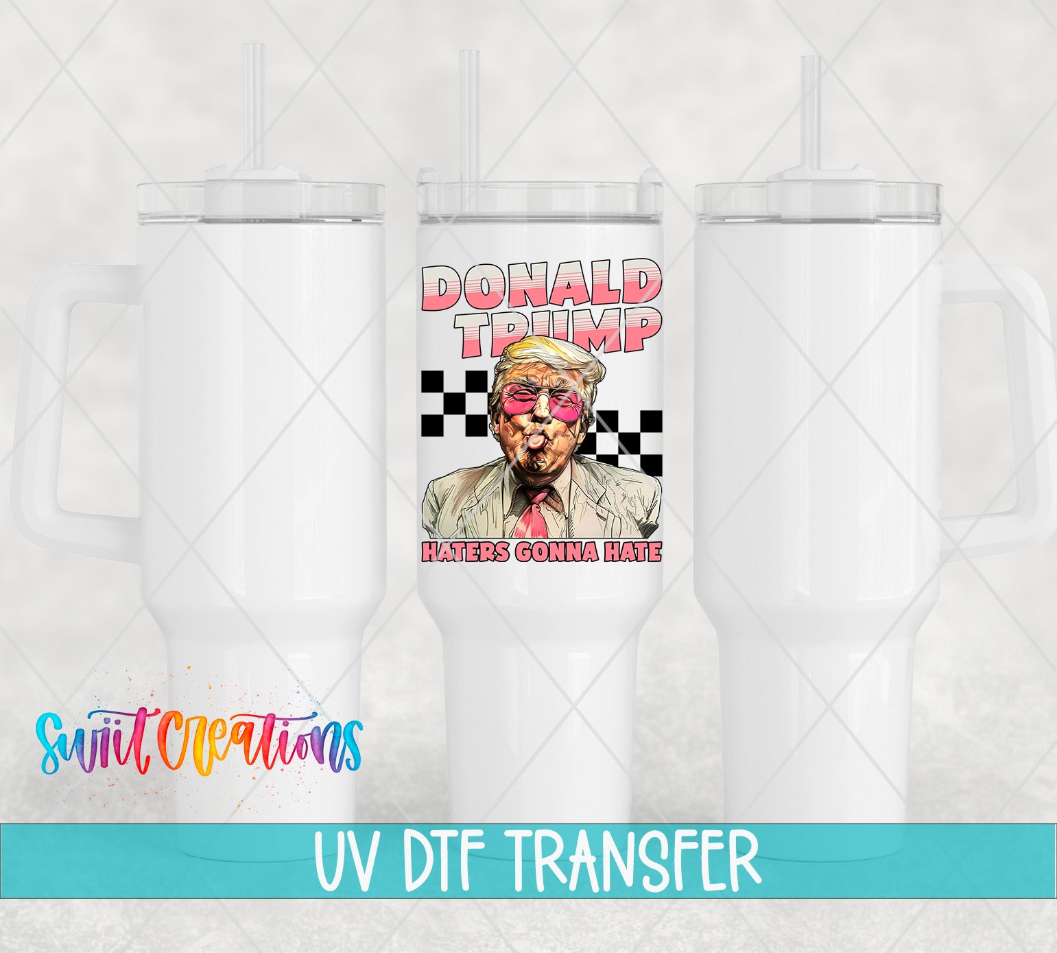 a white tumbler with a printed design on it, including a cartoon image of a man wearing sunglasses and a tie.