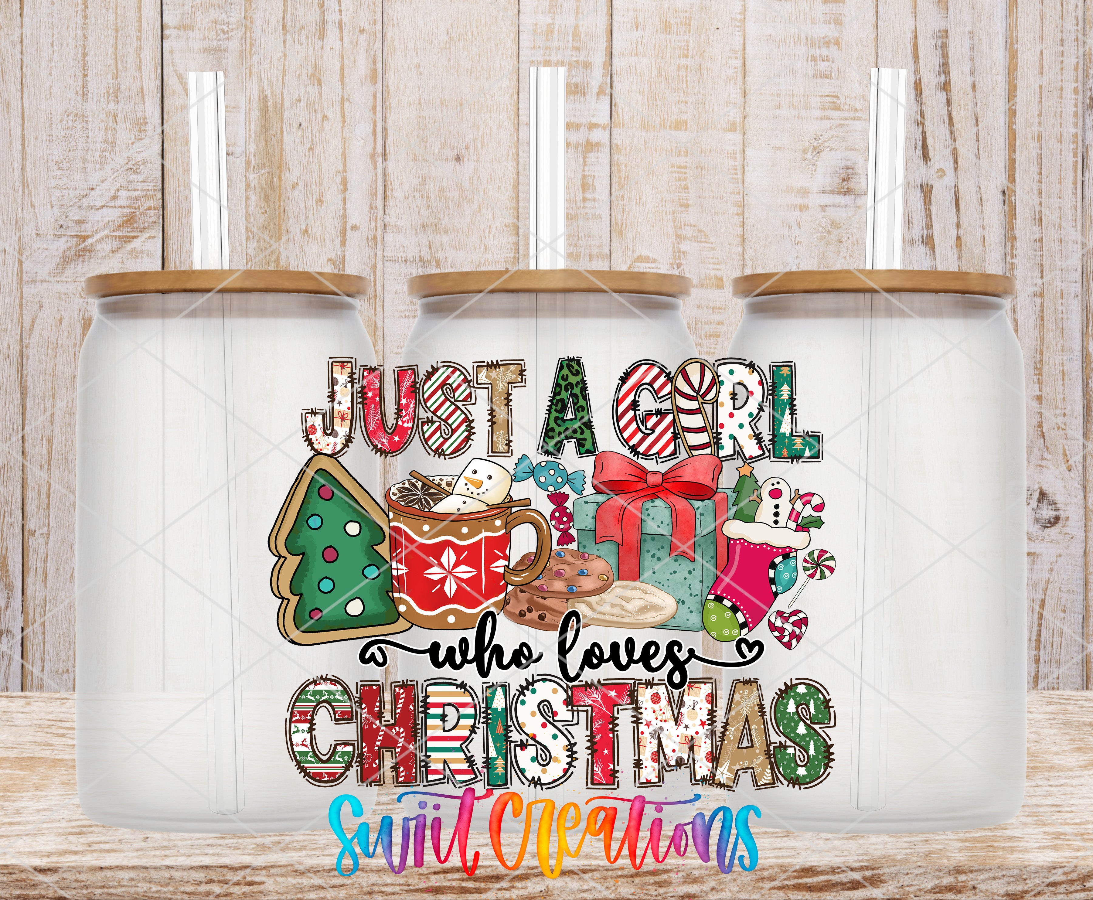 three glass jars with lids, each containing a different Christmas-themed decoration, such as a snowman, a Christmas tree, and a gift box. The jars are arranged in a row, and the text "Just a girl who loves Christmas" is displayed prominently in the center of the image.