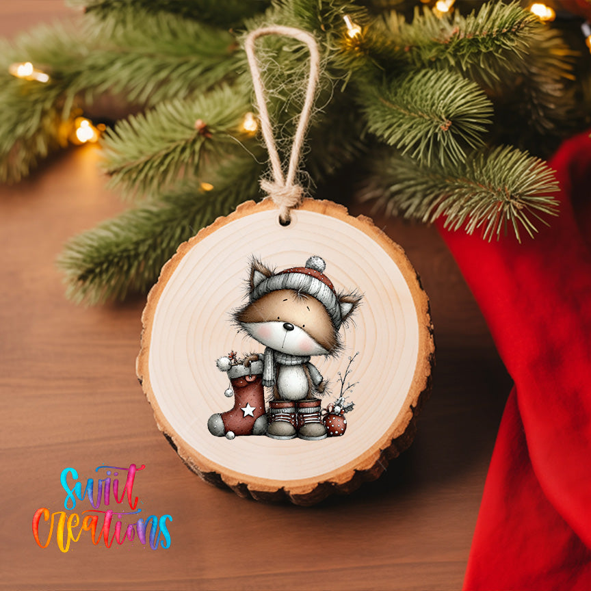 A wooden ornament featuring a cartoon image of a cat wearing a hat and holding a stocking, hanging on a Christmas tree.
