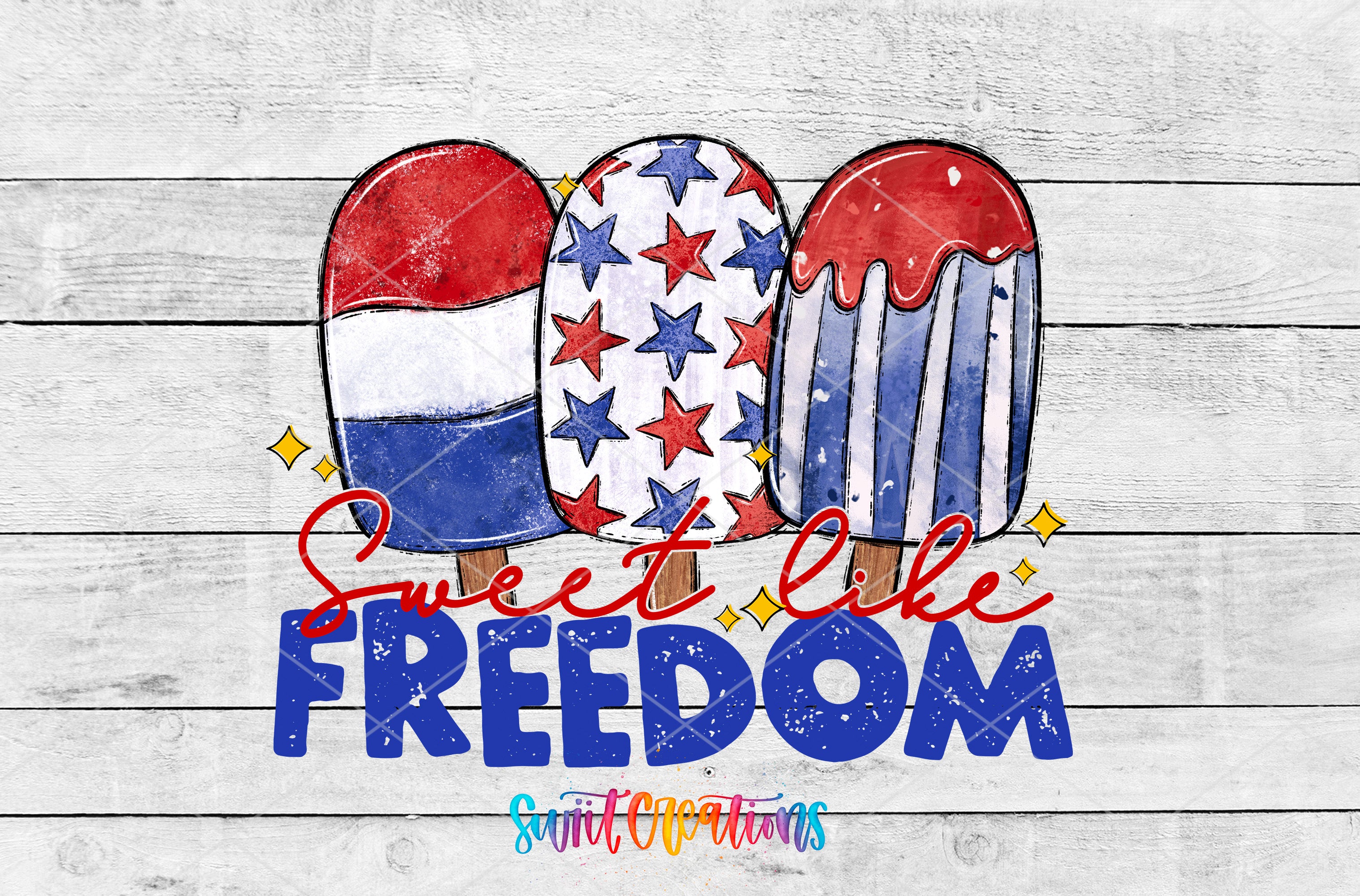 three colorful popsicles with patriotic designs, accompanied by the text "Sweet like freedom" in a stylized font.