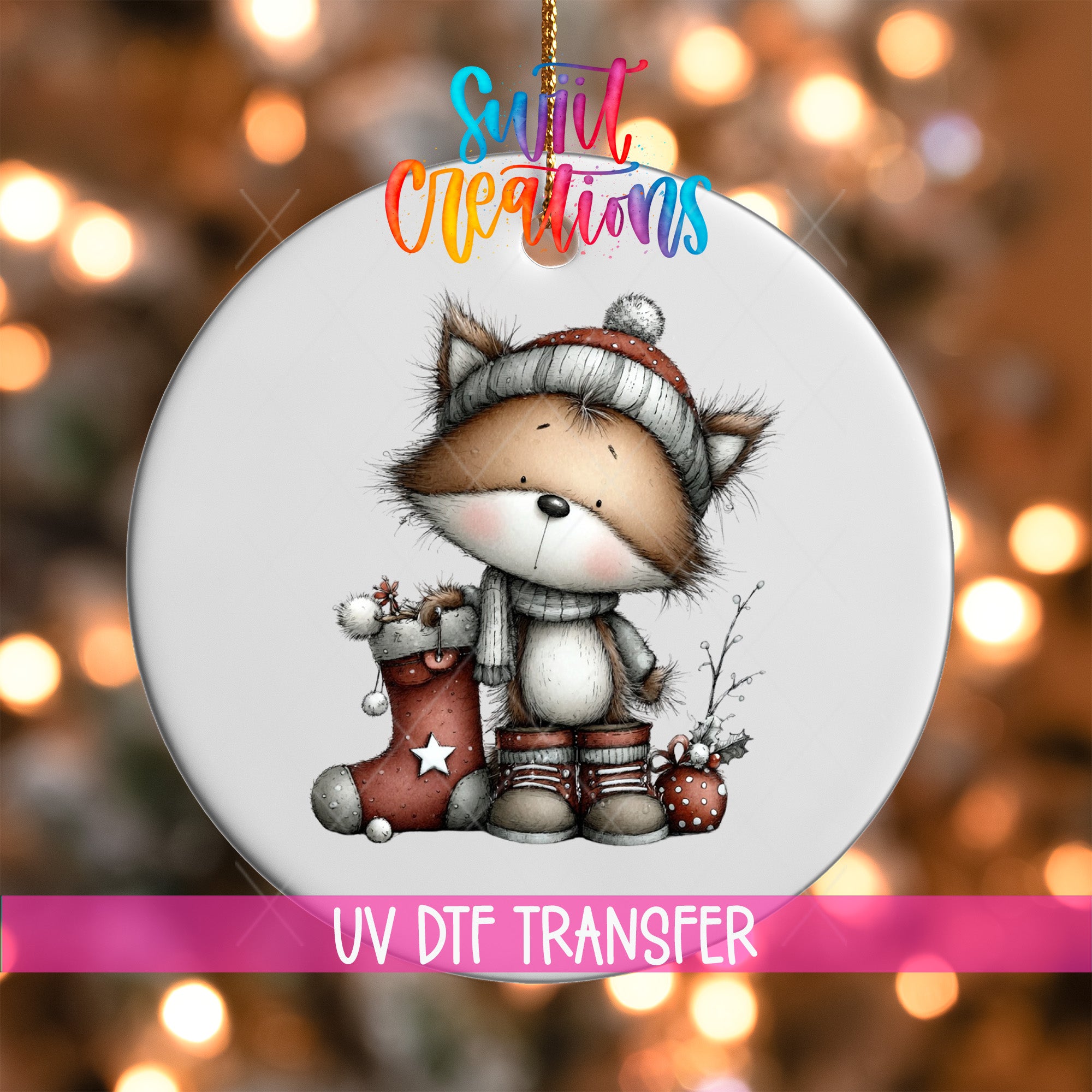 A round ornament featuring a cartoon illustration of a cat wearing a hat and holding a stocking, with a Christmas tree in the background.