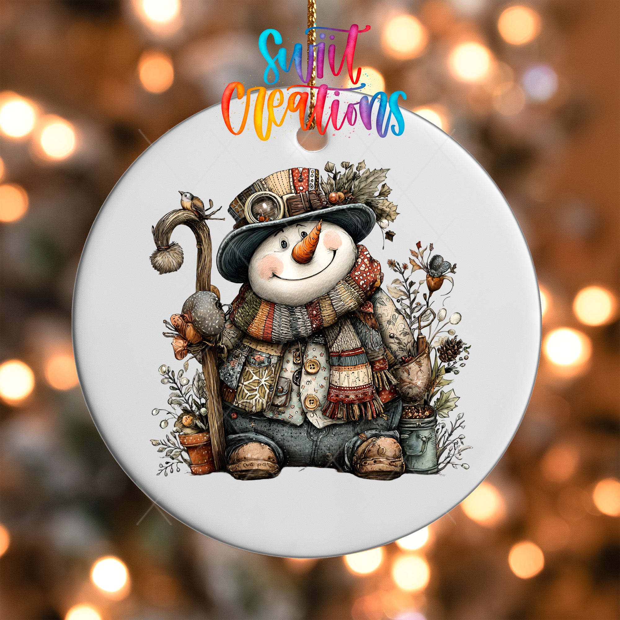 A snowman ornament with a hat, scarf, and other winter accessories, surrounded by snow and greenery, is hanging against a background of twinkling lights.