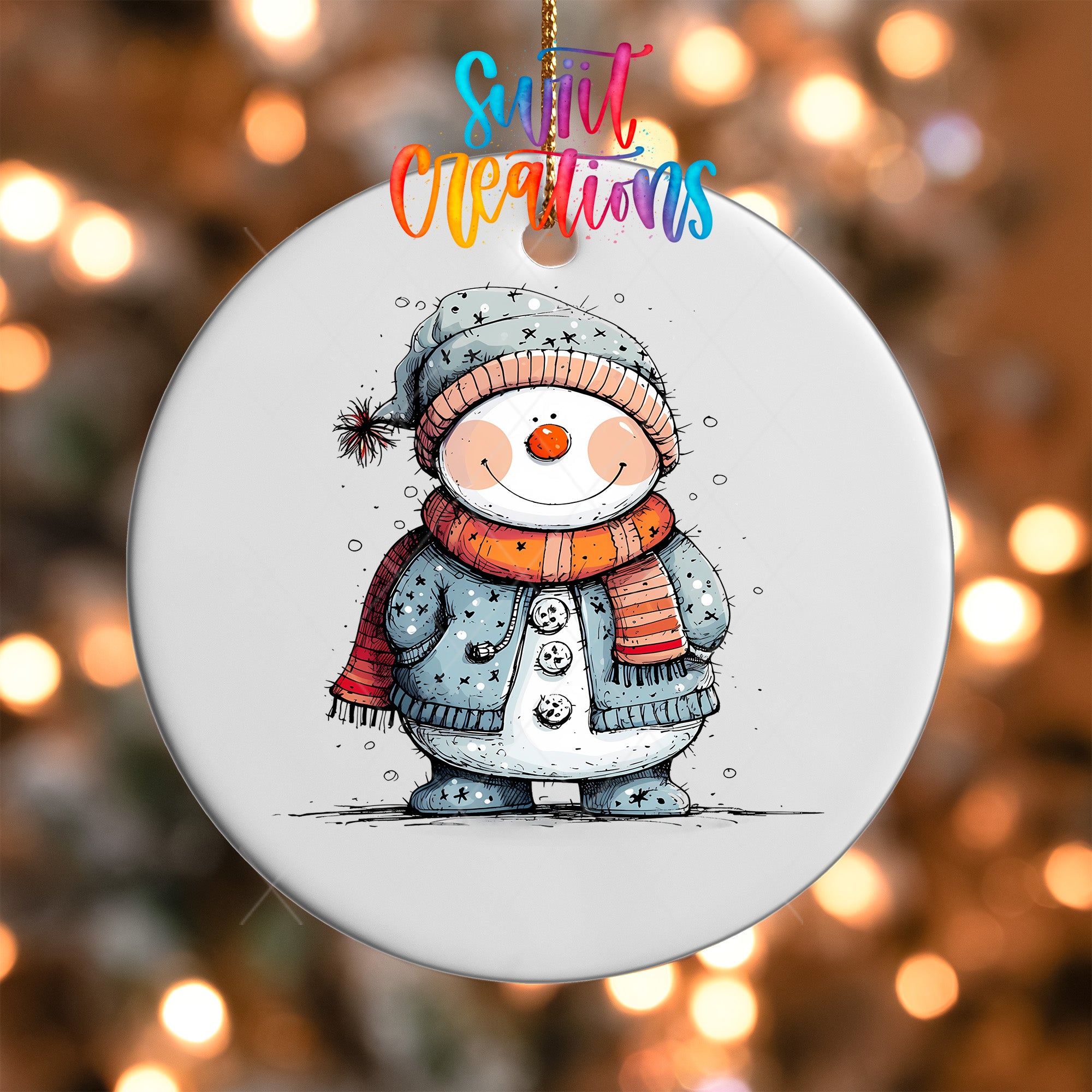 A snowman ornament with a colorful scarf and hat, standing against a blurred background of lights.