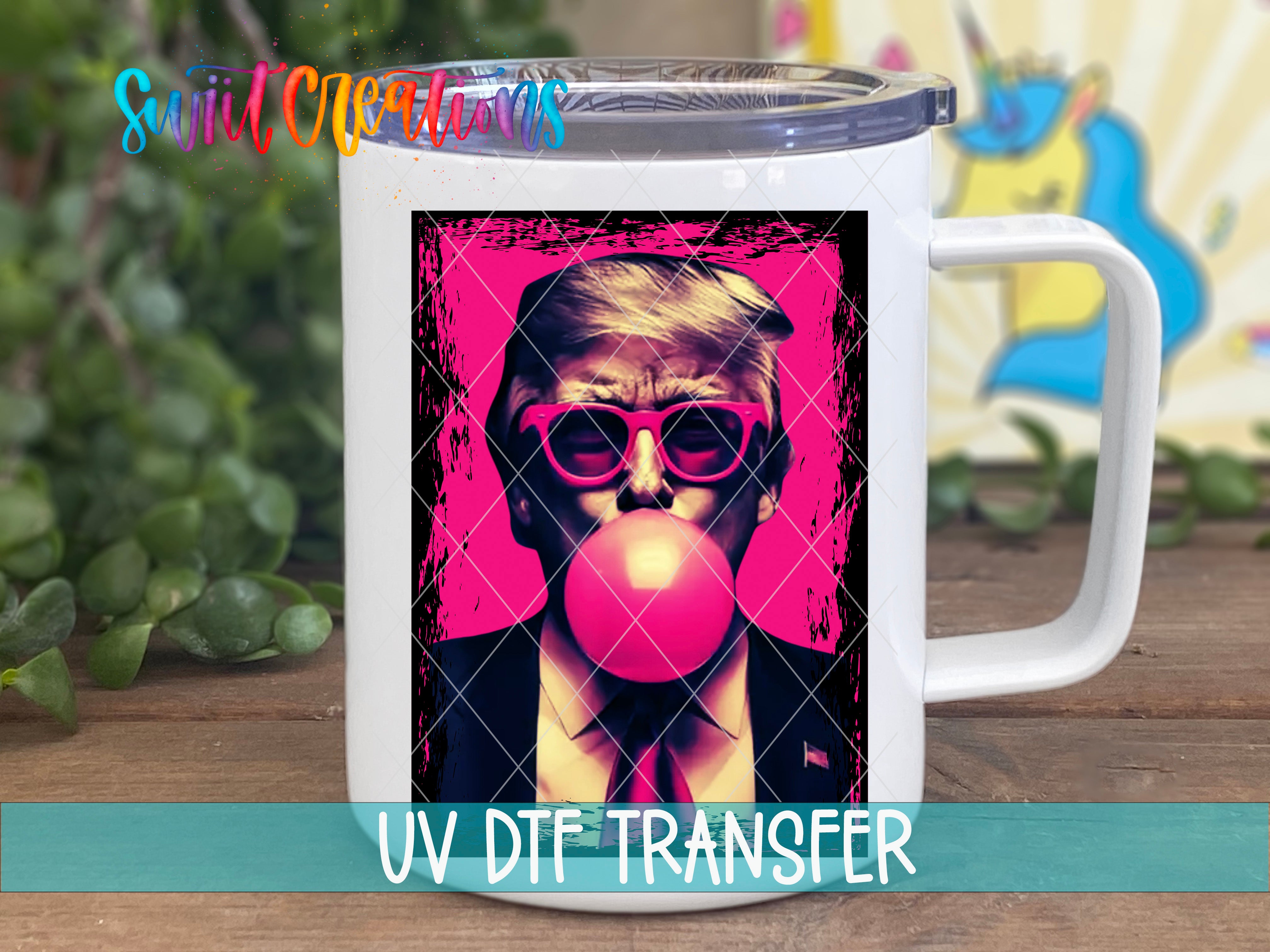 A white mug with a graphic design featuring a man wearing sunglasses and blowing a bubble with a pink bubblegum bubble.