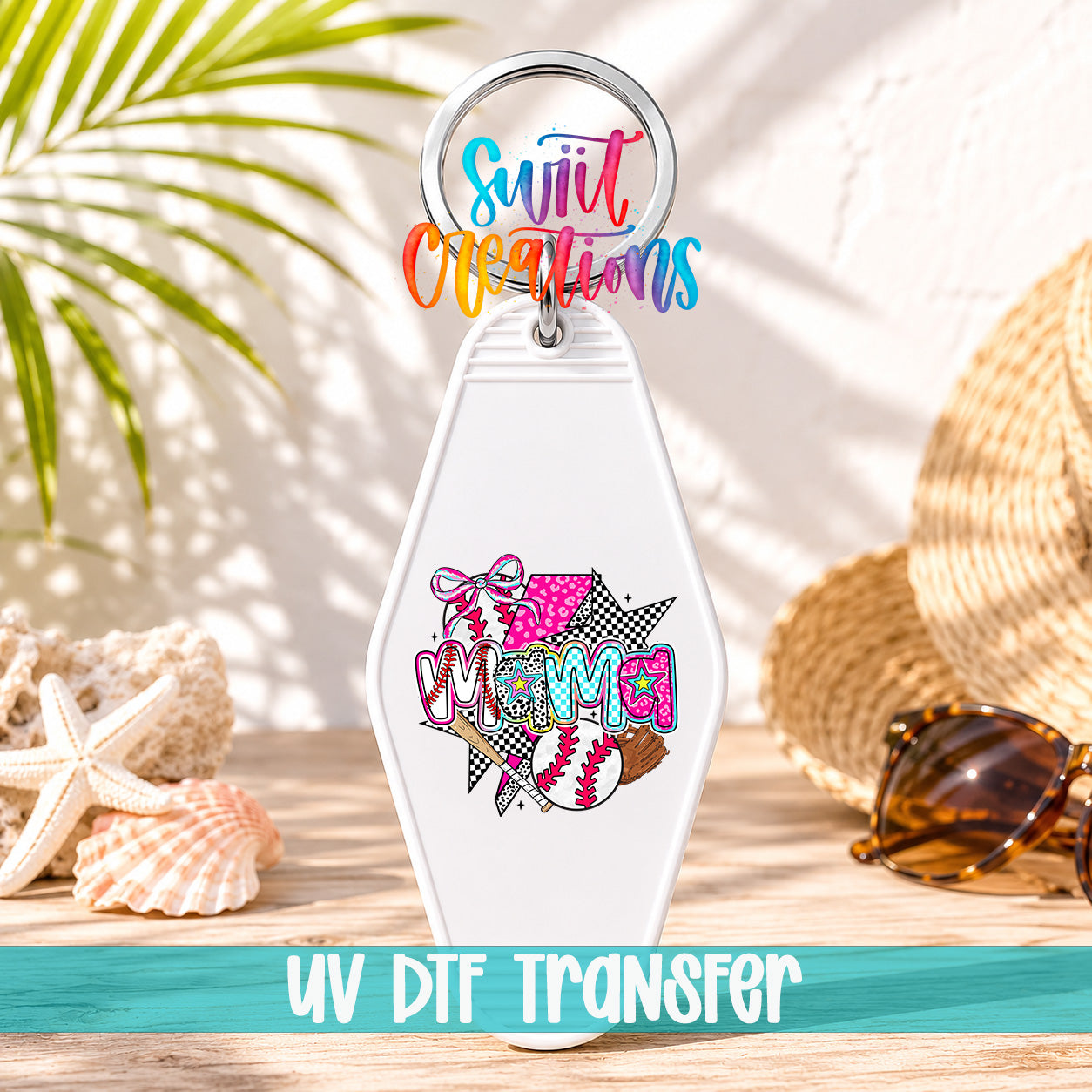 A keychain with a colorful design featuring a baseball, sunglasses, and a palm tree, along with the text "UV DFT Transfer".