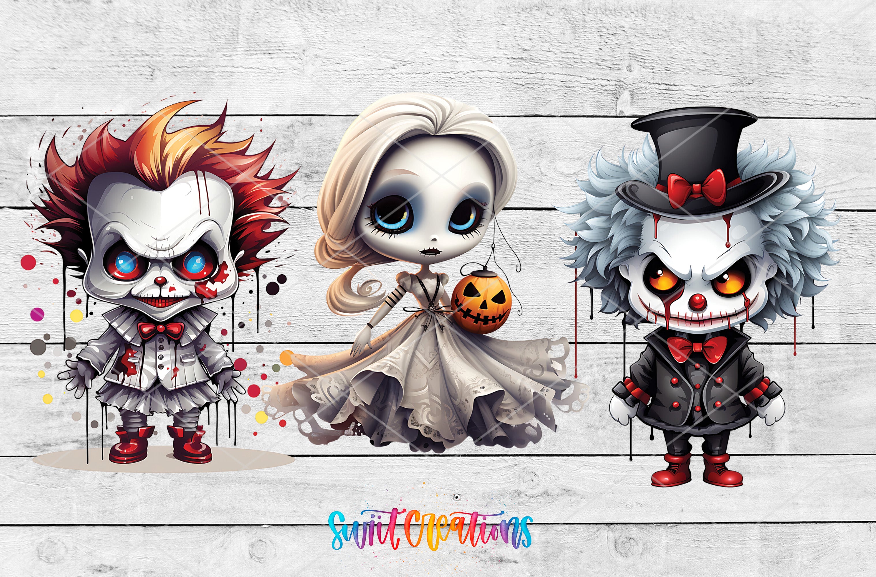 three distinct cartoon characters: a skeleton with red hair, a blonde girl with a pumpkin, and a clown with a top hat.