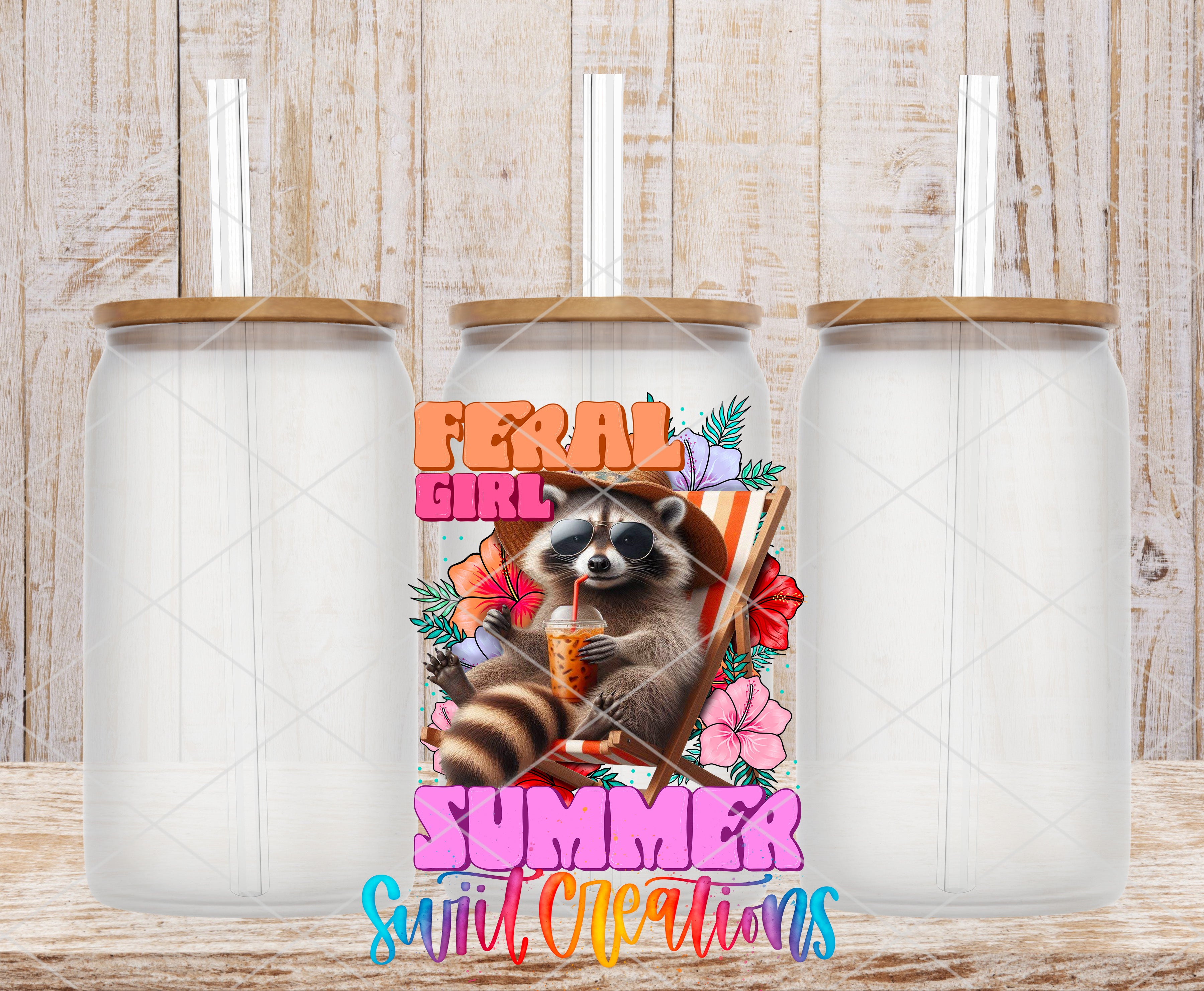 a raccoon wearing sunglasses and holding a drink, surrounded by colorful flowers and text that reads "Feral Girl Summer Switcations".