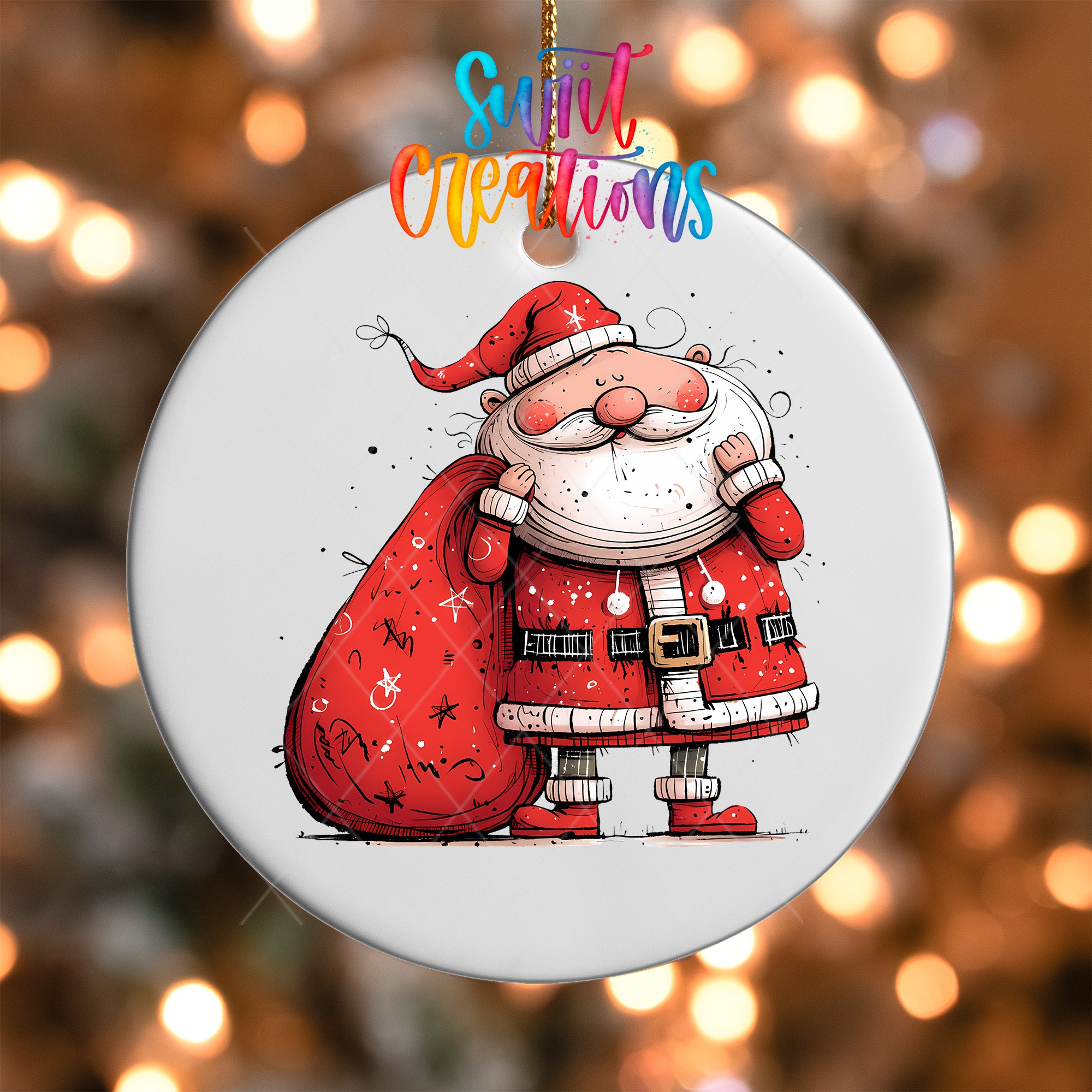 A white ornament featuring a cartoon illustration of Santa Claus holding a sack of presents.