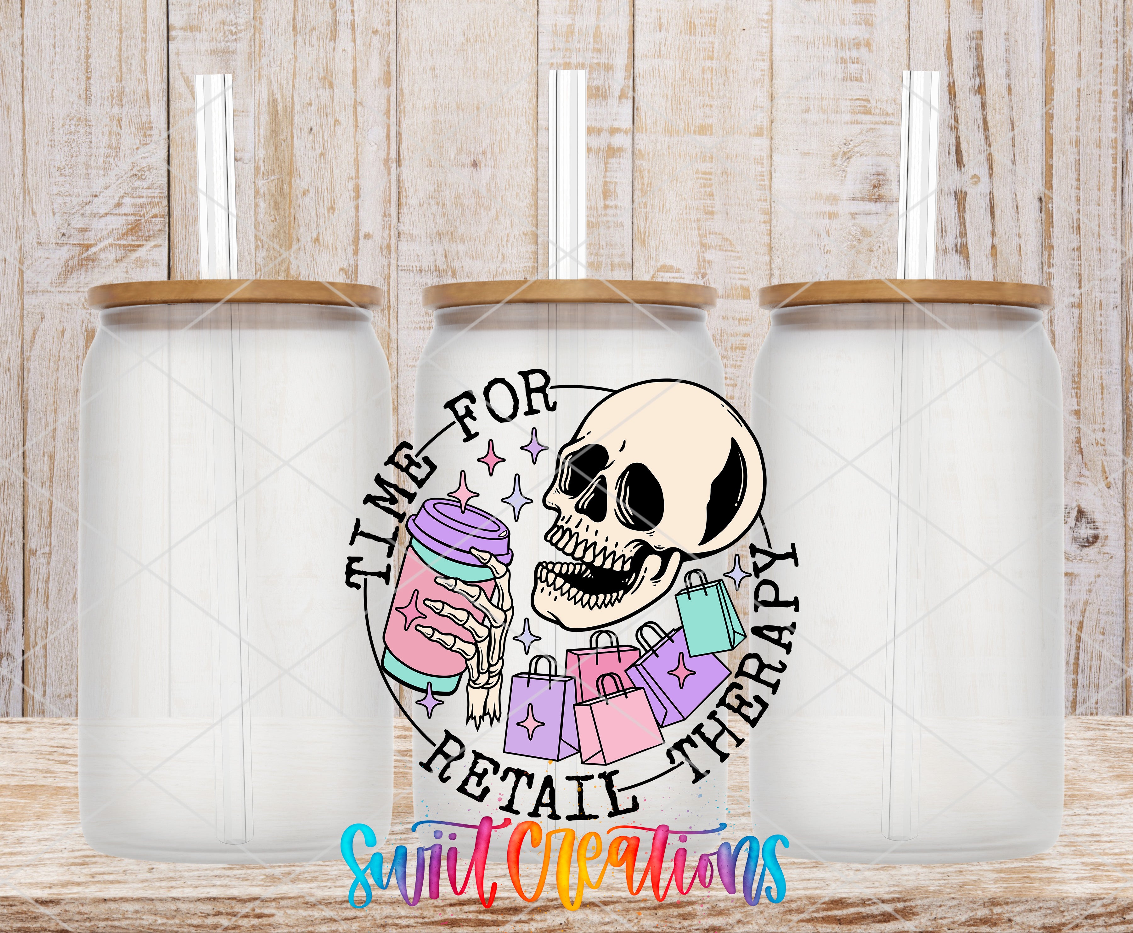 three clear glass jars with lids, each containing a straw, and a colorful graphic design with a skull and shopping bags.