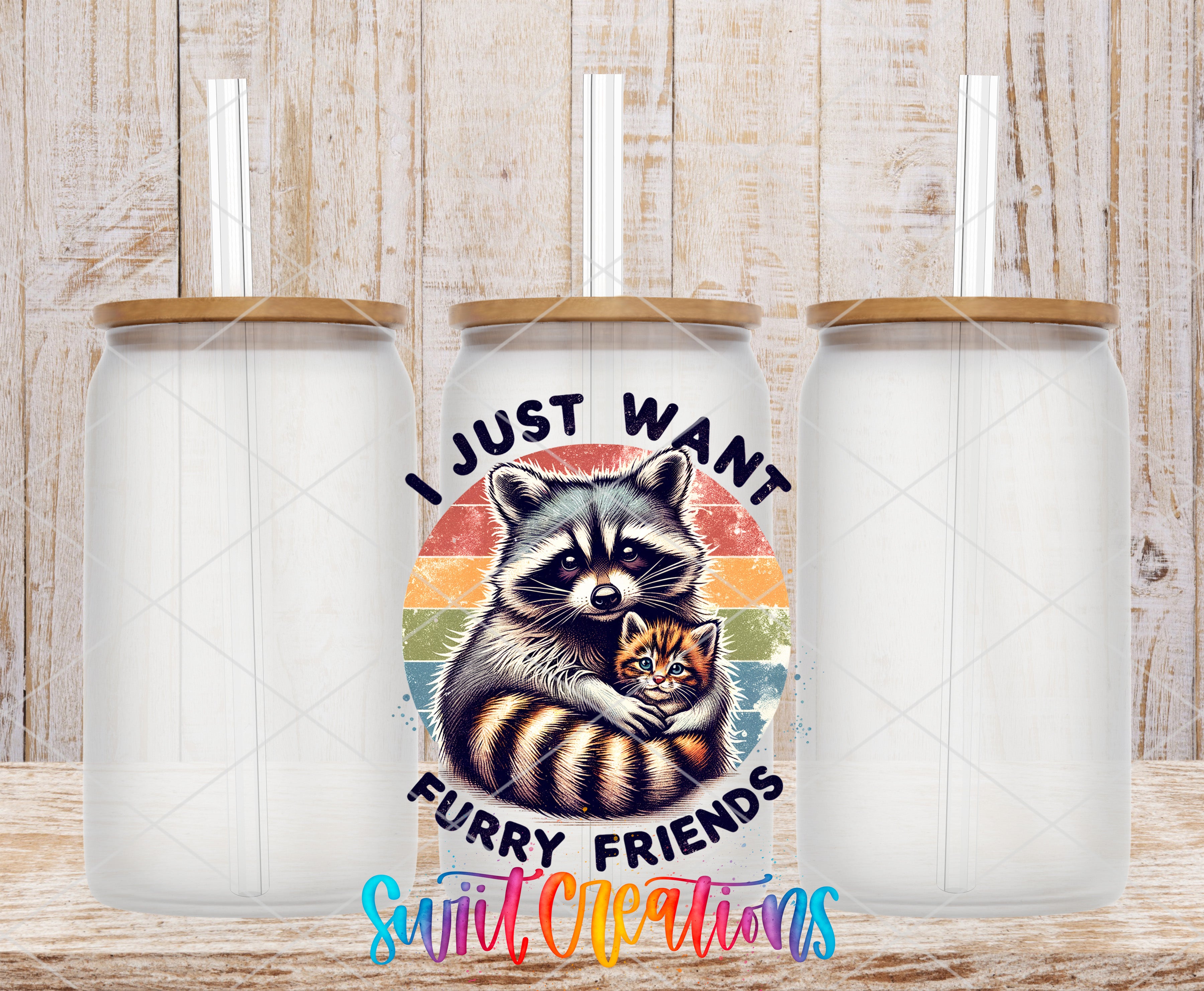 a colorful design of a raccoon holding a kitten, with the text "I JUST WANT FURRY FRIENDS" and "Swift Cleanings" below the image.