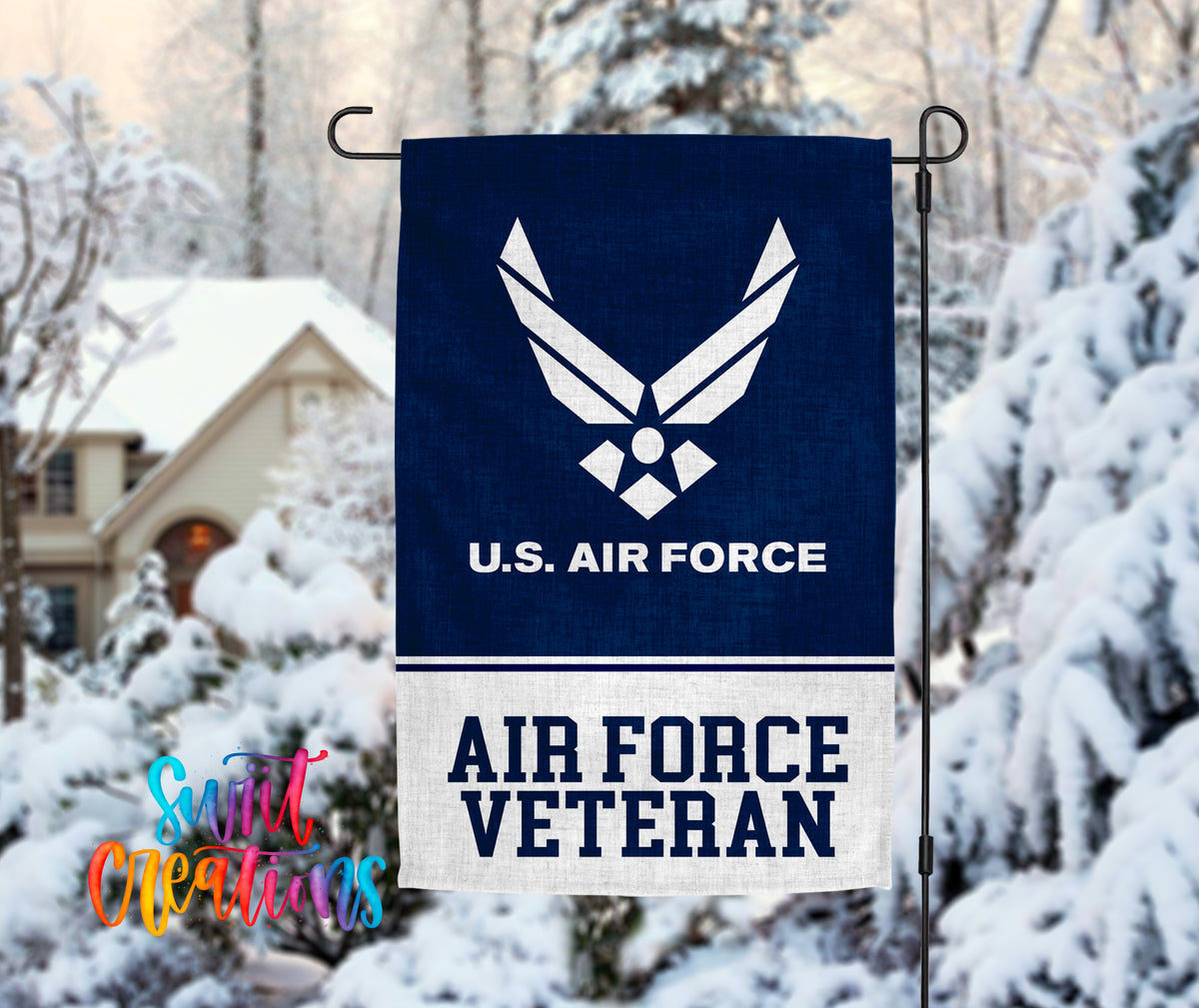 A U.S. Air Force flag with the text "AIR FORCE VETERAN" is displayed in the foreground, with a snowy winter landscape in the background.
