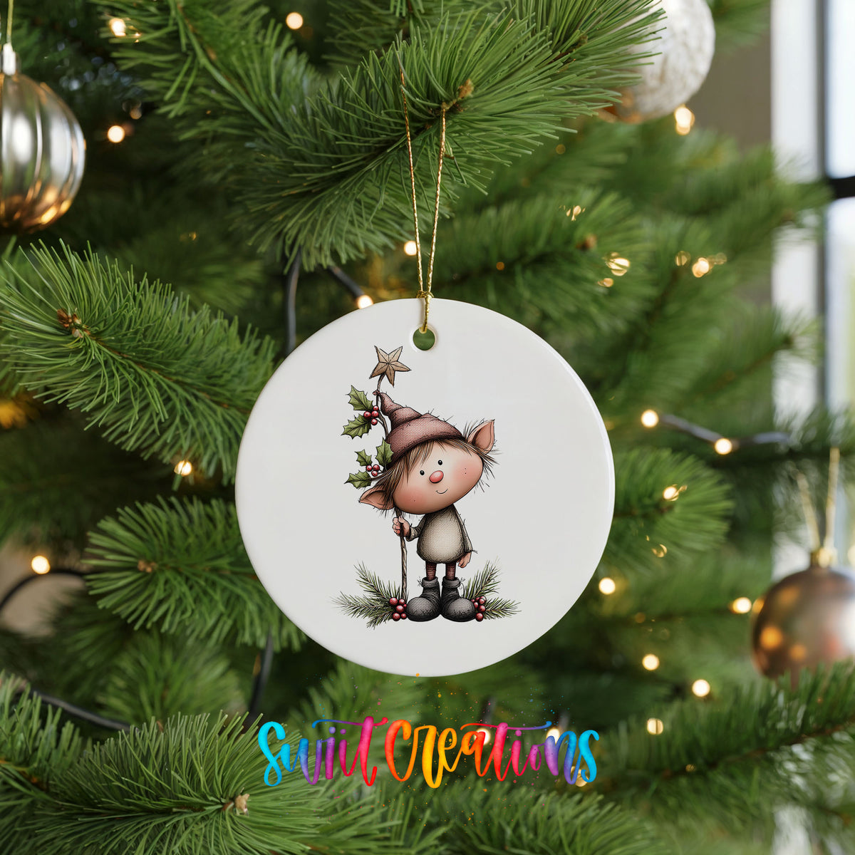 A white ceramic ornament featuring a cartoon elf wearing a hat and holding a star, hanging on a Christmas tree.