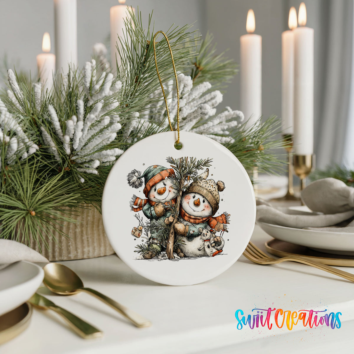 A white ceramic ornament featuring two snowmen is displayed on a table, surrounded by candles and greenery.