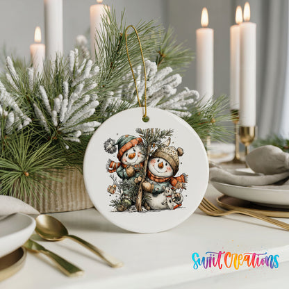 A white ceramic ornament featuring two snowmen is displayed on a table, surrounded by candles and greenery.