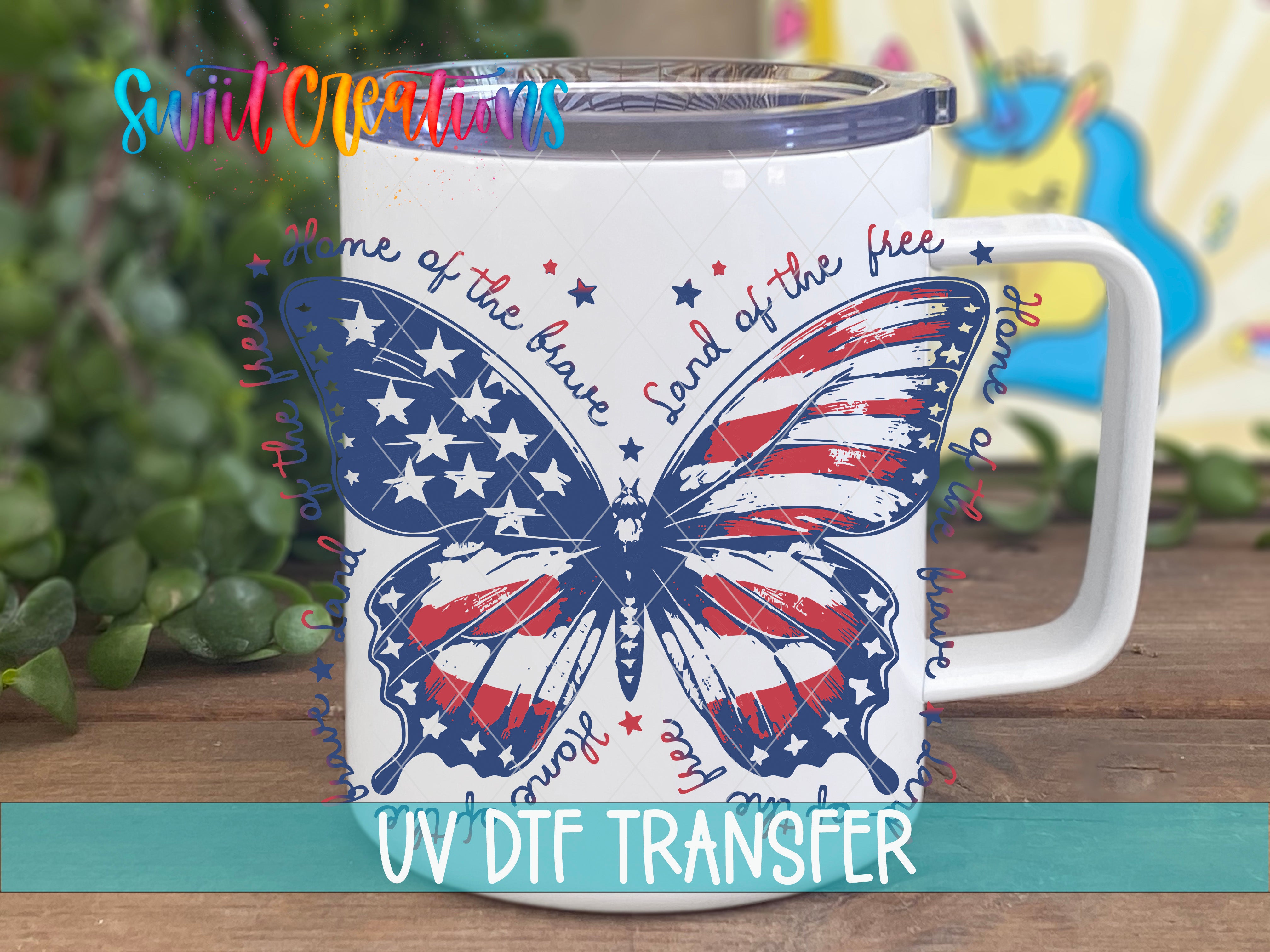 A white mug with a butterfly design and an American flag pattern, along with the text "UV Dtf Transfer" printed on it.