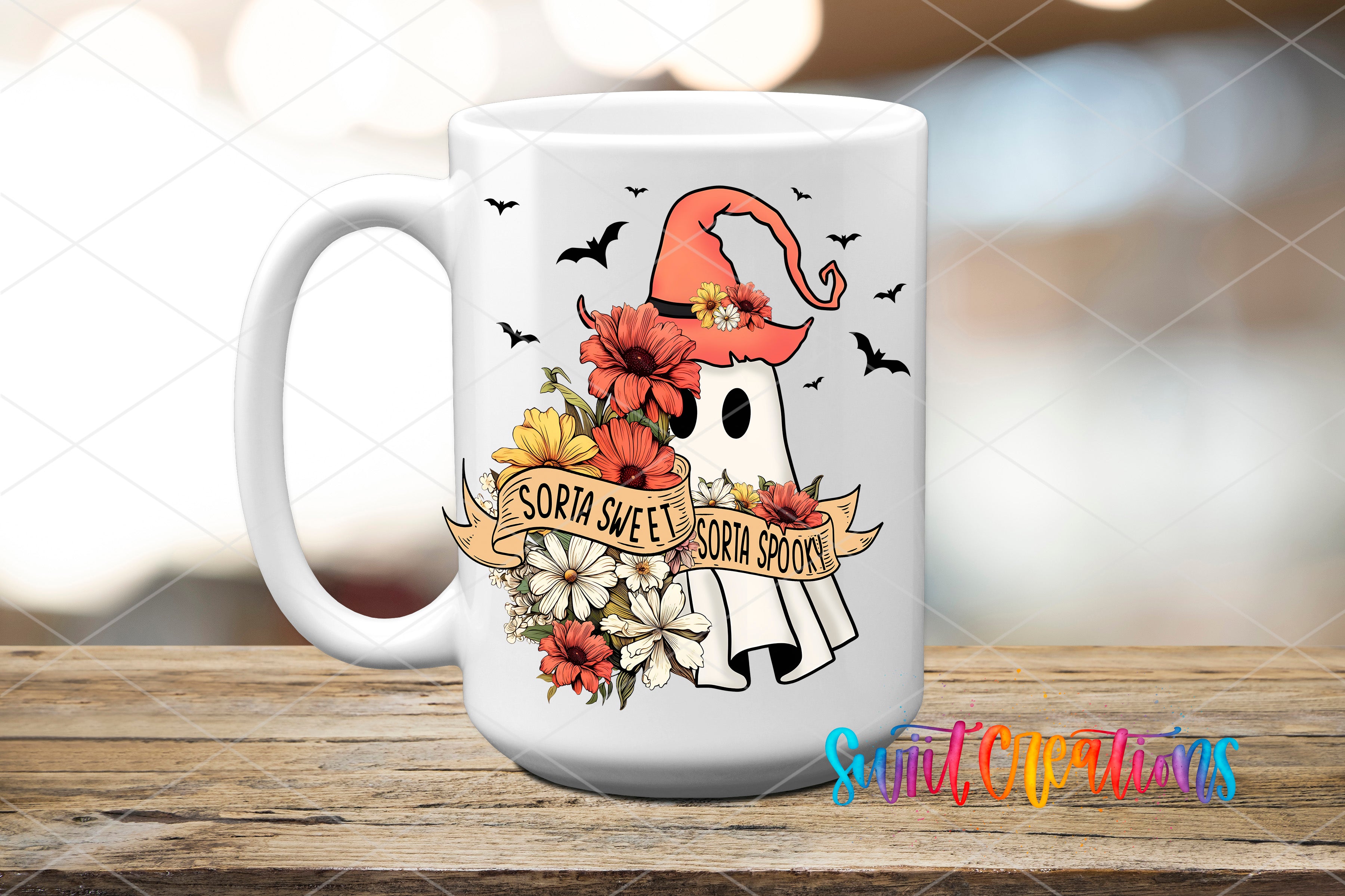 A white mug with a Halloween-themed design featuring a ghost, flowers, and a banner that says "SORTA SWEET SORI SPOOKS".