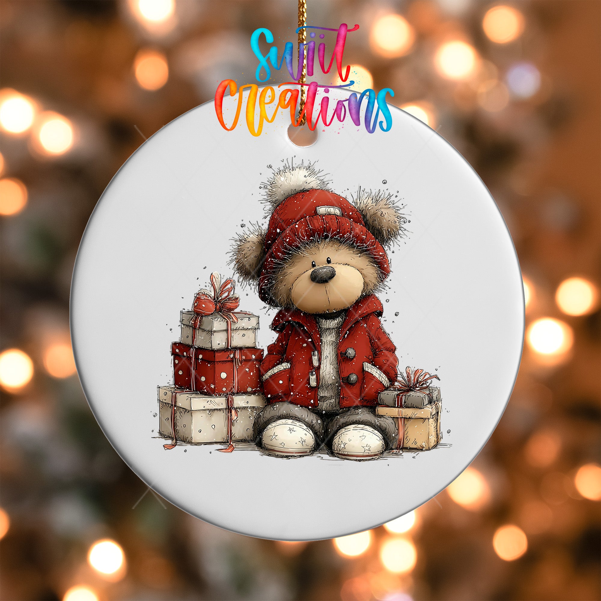 A white ornament with a teddy bear wearing a red coat and hat, sitting next to a stack of wrapped presents.