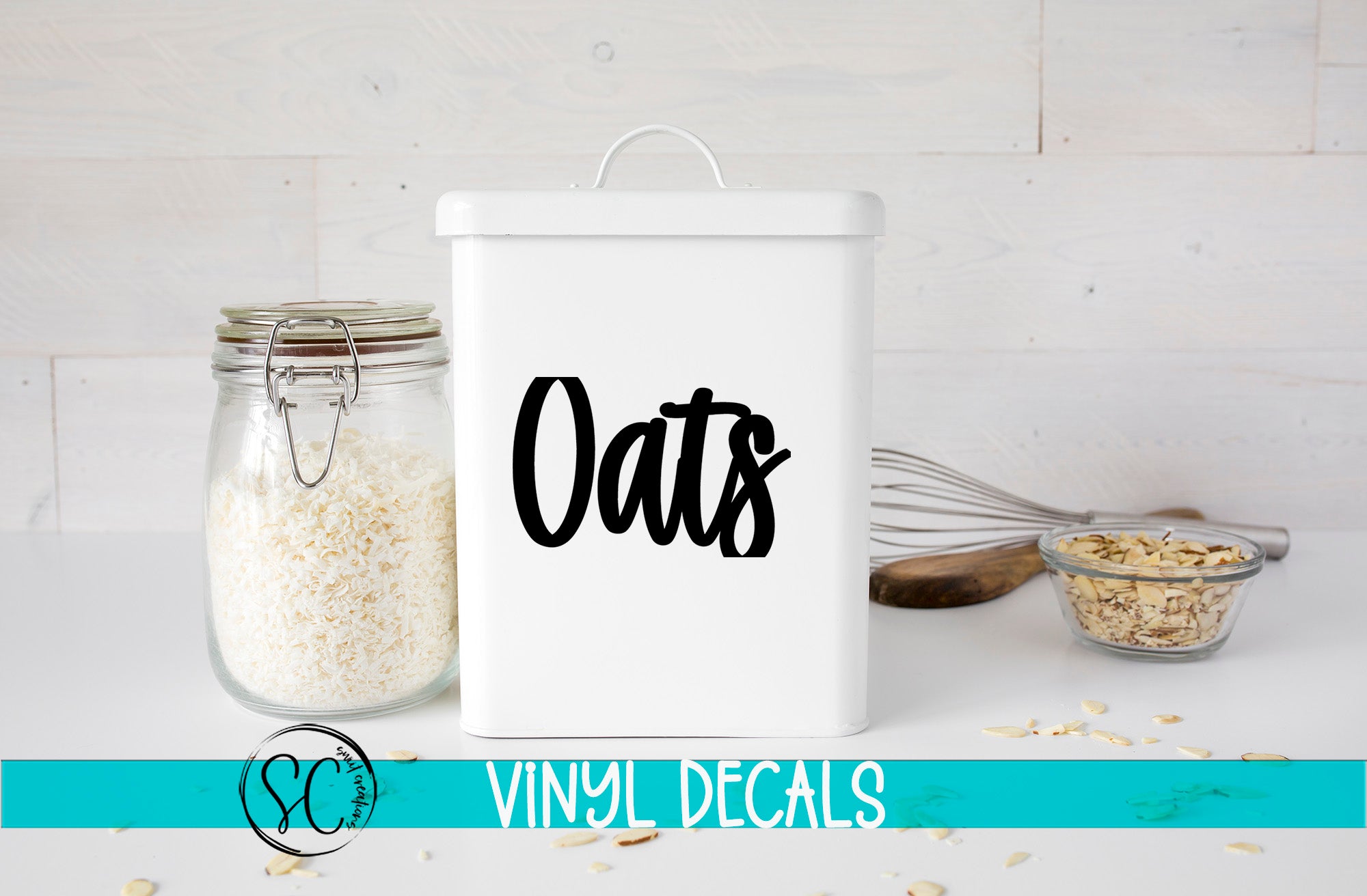 a canister with oats in it next to a bowl of oats