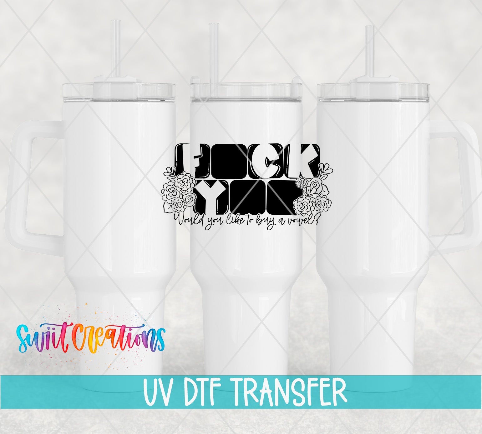 three white tumblers with a stylized text design on them.