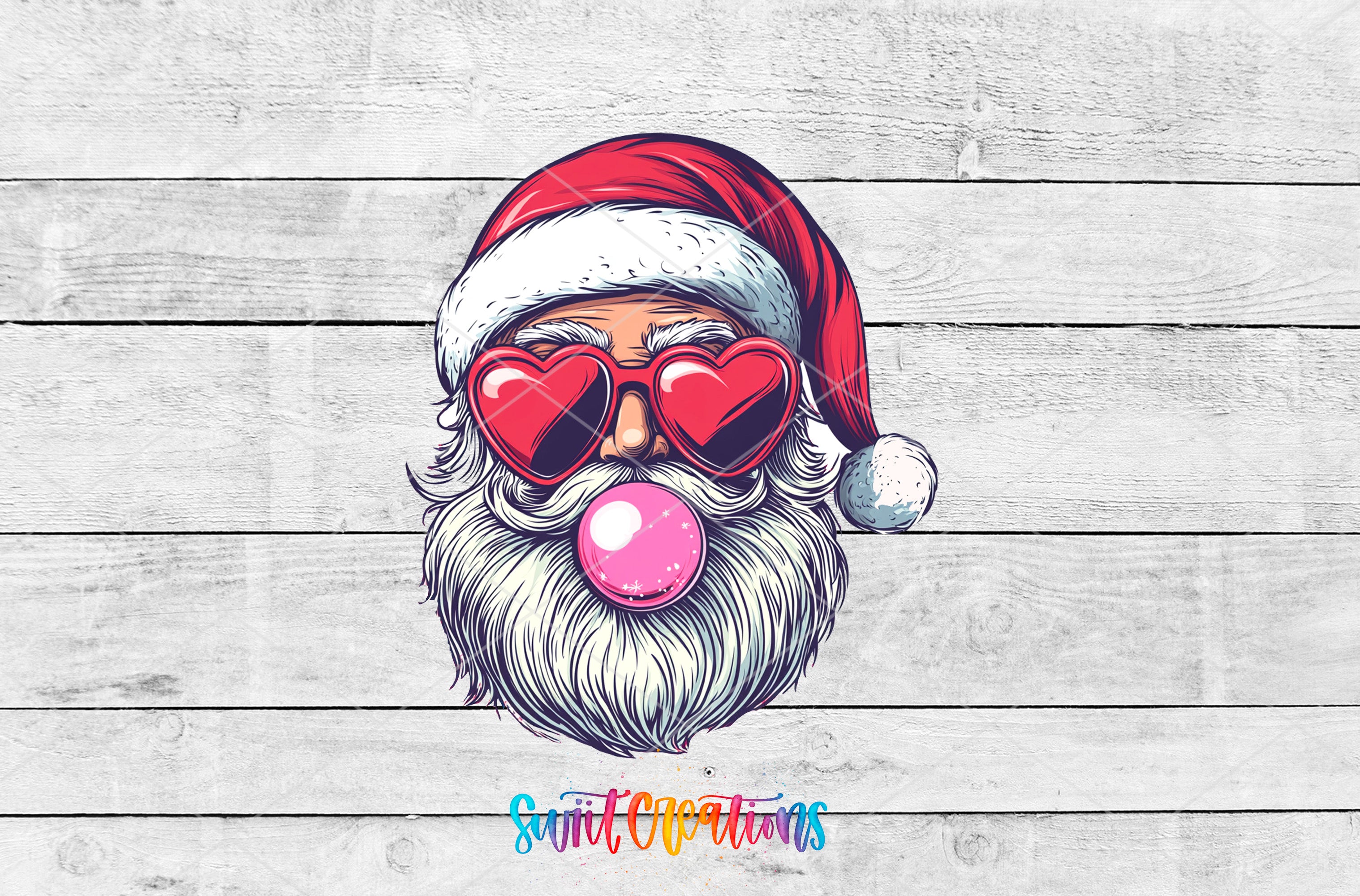 Santa Claus wearing red heart-shaped sunglasses and blowing a bubble with a pink bubblegum bubble.