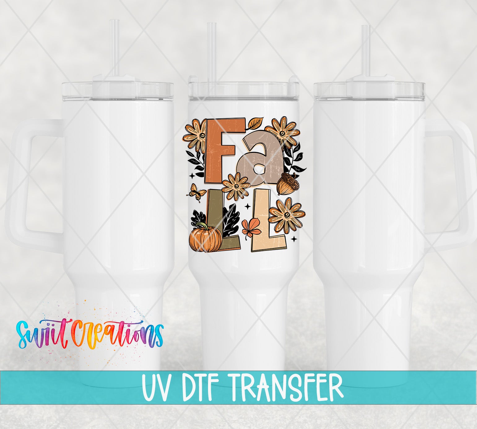 three white tumblers with a colorful fall-themed design on the front.