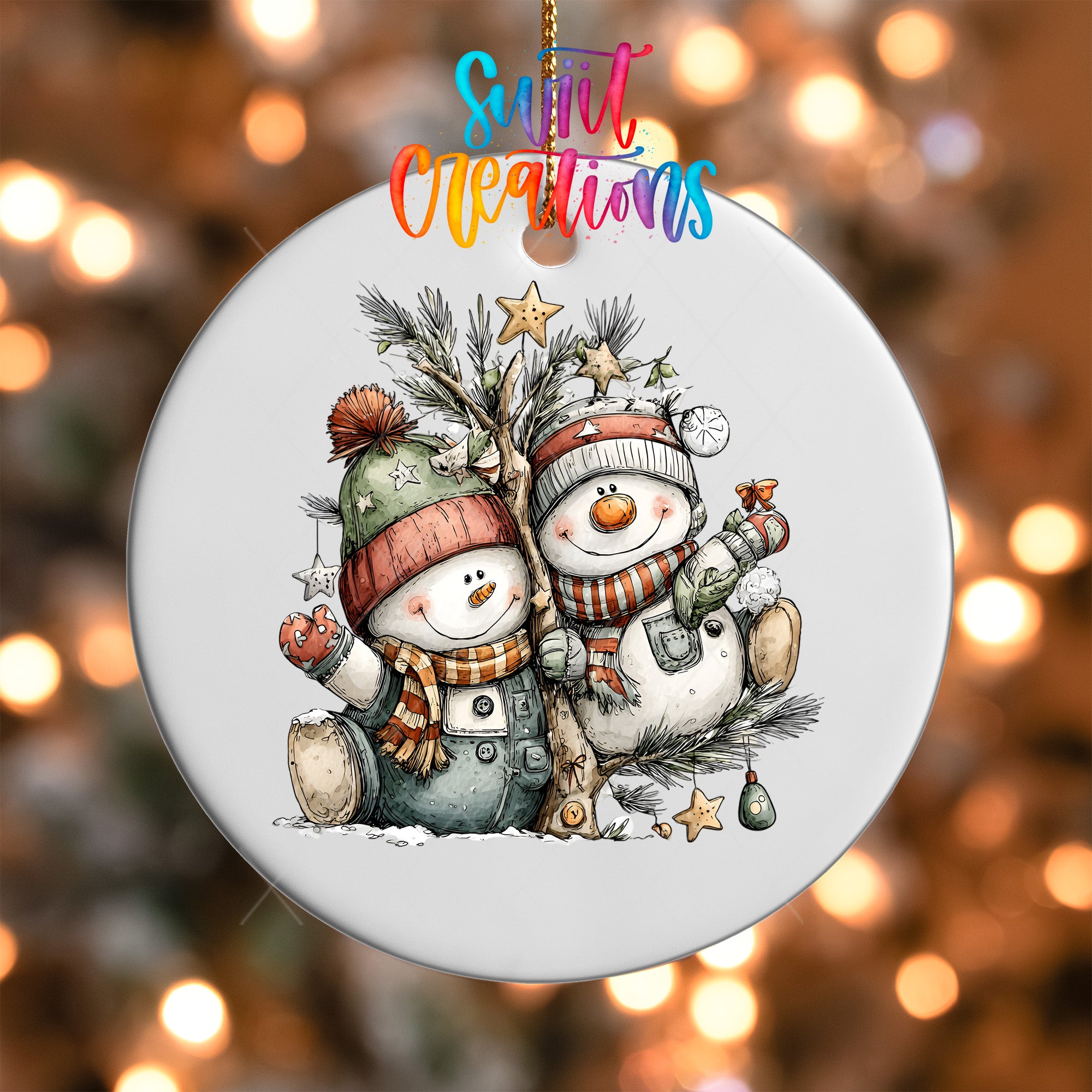 A white ornament with a snowman and a star on top, surrounded by snow and twinkling lights.