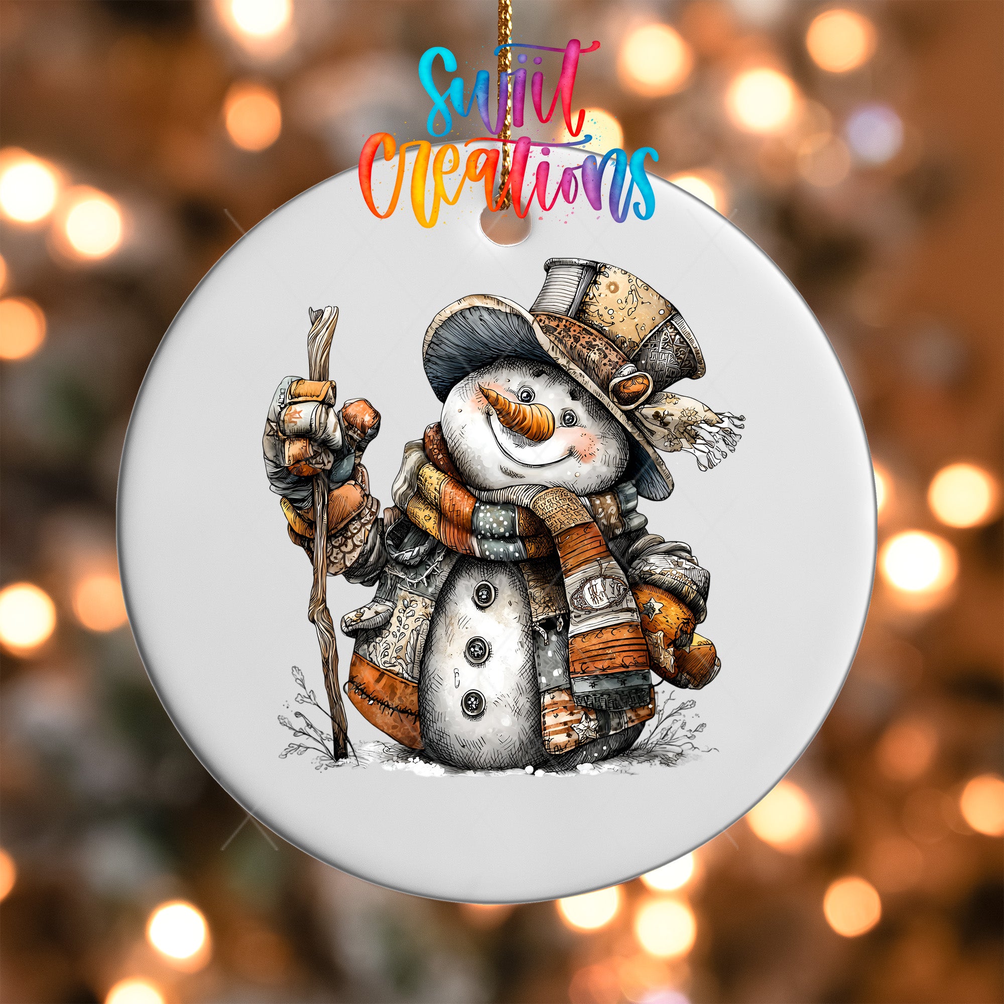 A snowman ornament with a colorful hat and scarf, holding a stick, is hanging against a background of colorful lights.