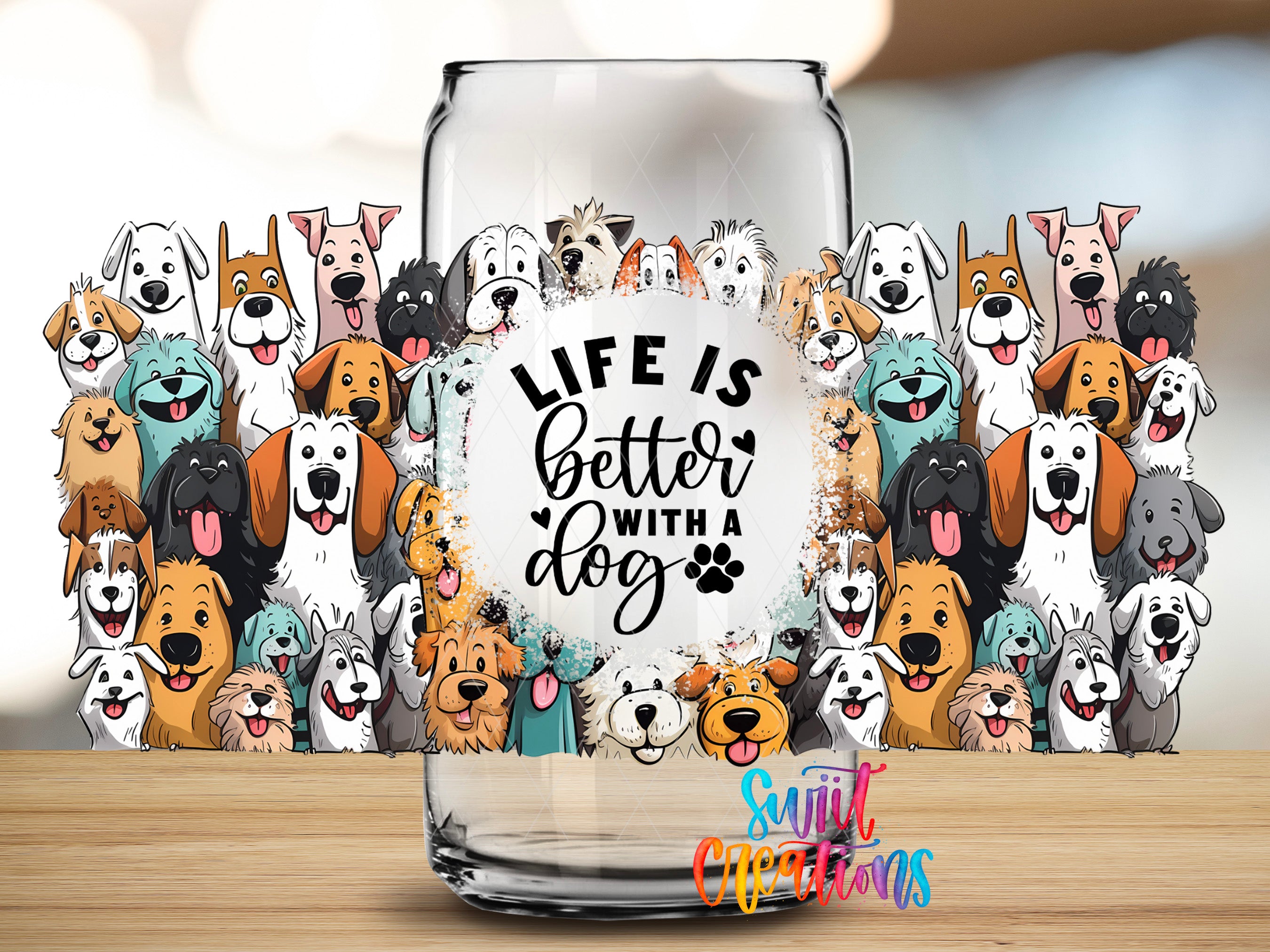 a glass mug with a collage of various cartoon dog illustrations surrounding the text "LIFE IS BETTER WITH A DOG".