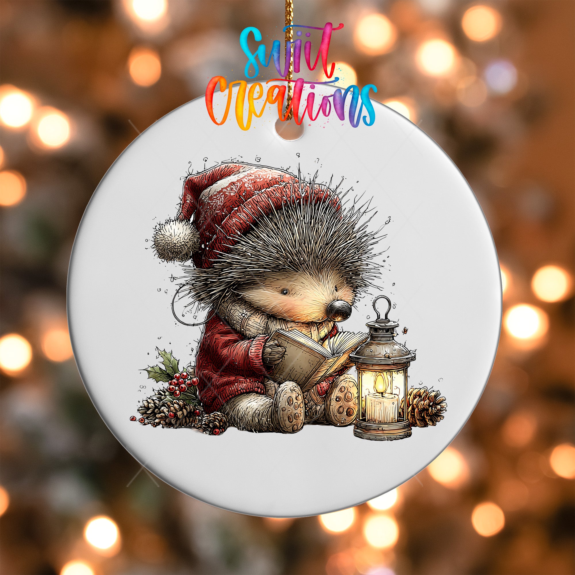 A porcelain ornament featuring a hedgehog wearing a red hat and coat, reading a book, with a lantern and pine cones nearby.