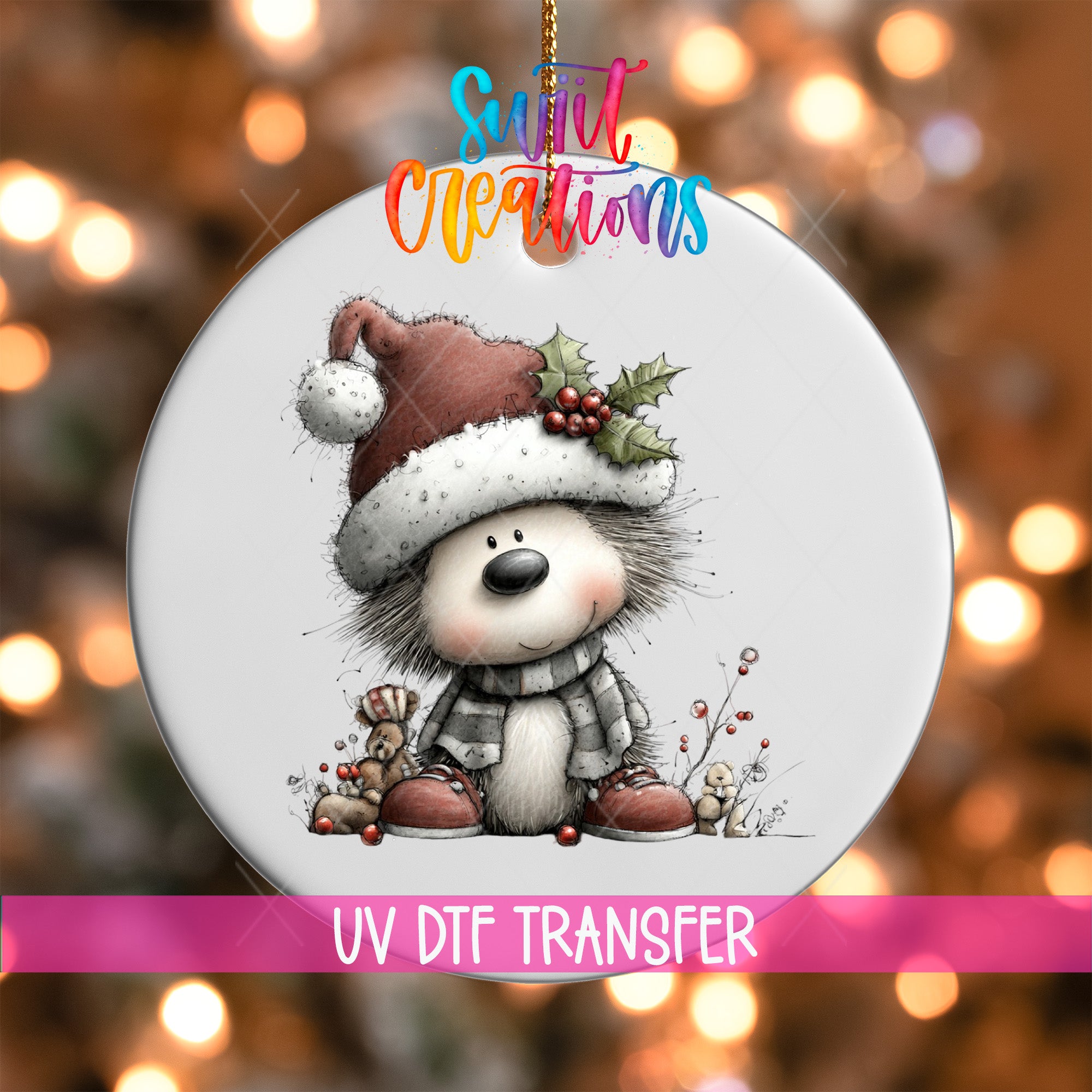 A white ornament with a cartoon illustration of a smiling hedgehog wearing a Santa hat and scarf, surrounded by Christmas decorations and lights.