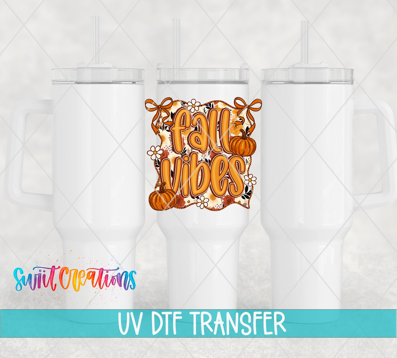 three white tumblers with a fall vibes graphic design on them.