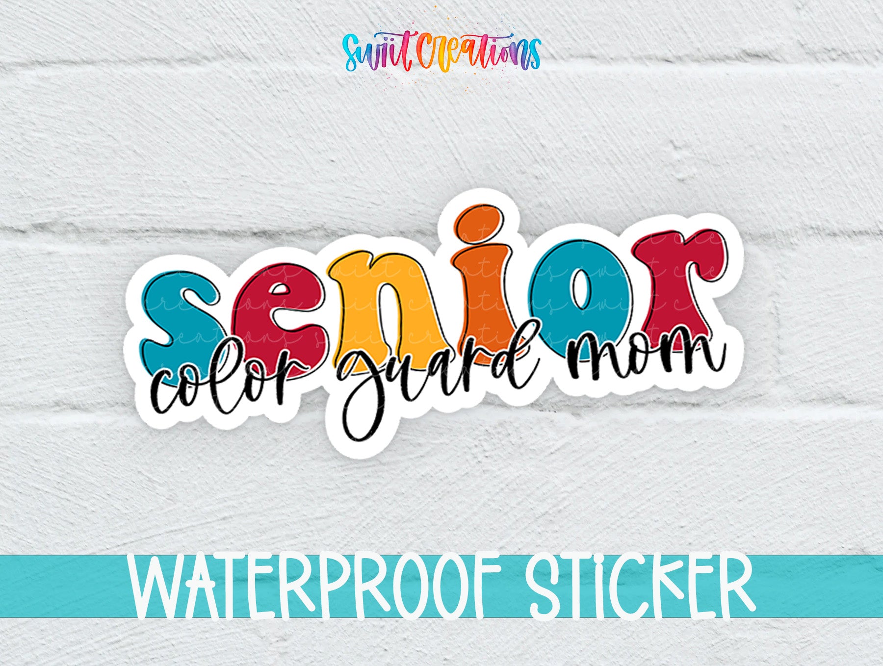 A colorful sticker with the word "senior" written in a stylized font, along with the text "color guard mom" below it. The sticker appears to be waterproof, as indicated by the text "WATERPROOF STICKER" at the bottom of the image.