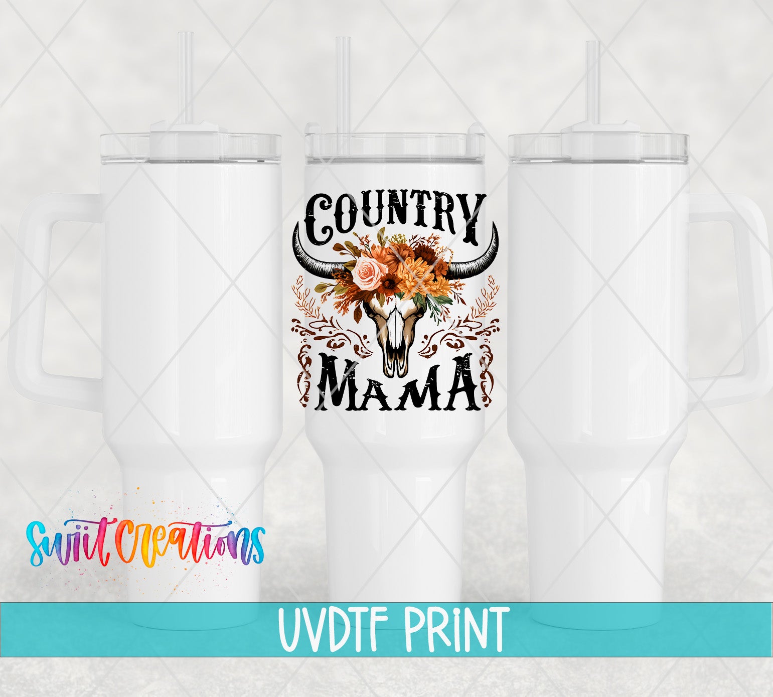 three white tumblers with a floral design and the text "Country Mama" printed on them.
