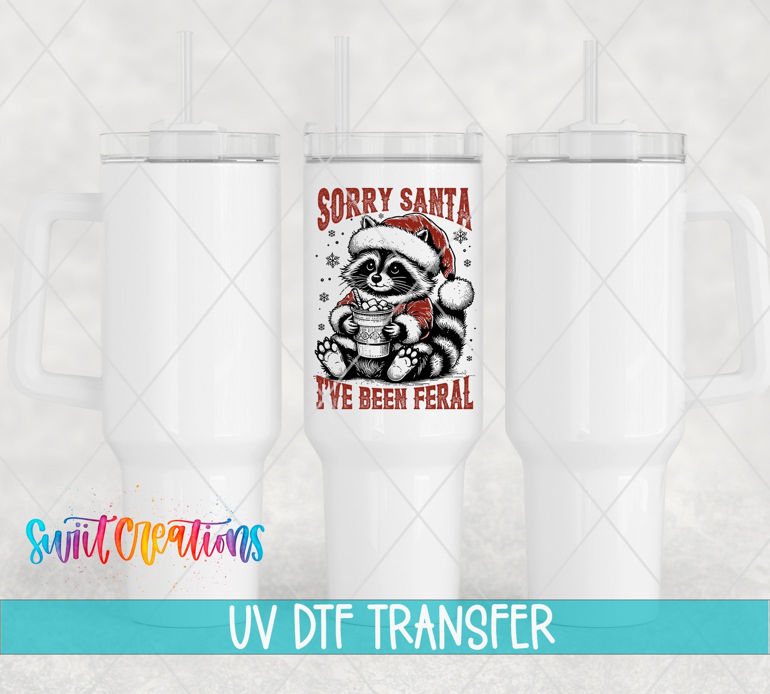 a white ceramic mug with a printed design on it, including a raccoon wearing a Santa hat and the text "Sorry Santa I've been feral".