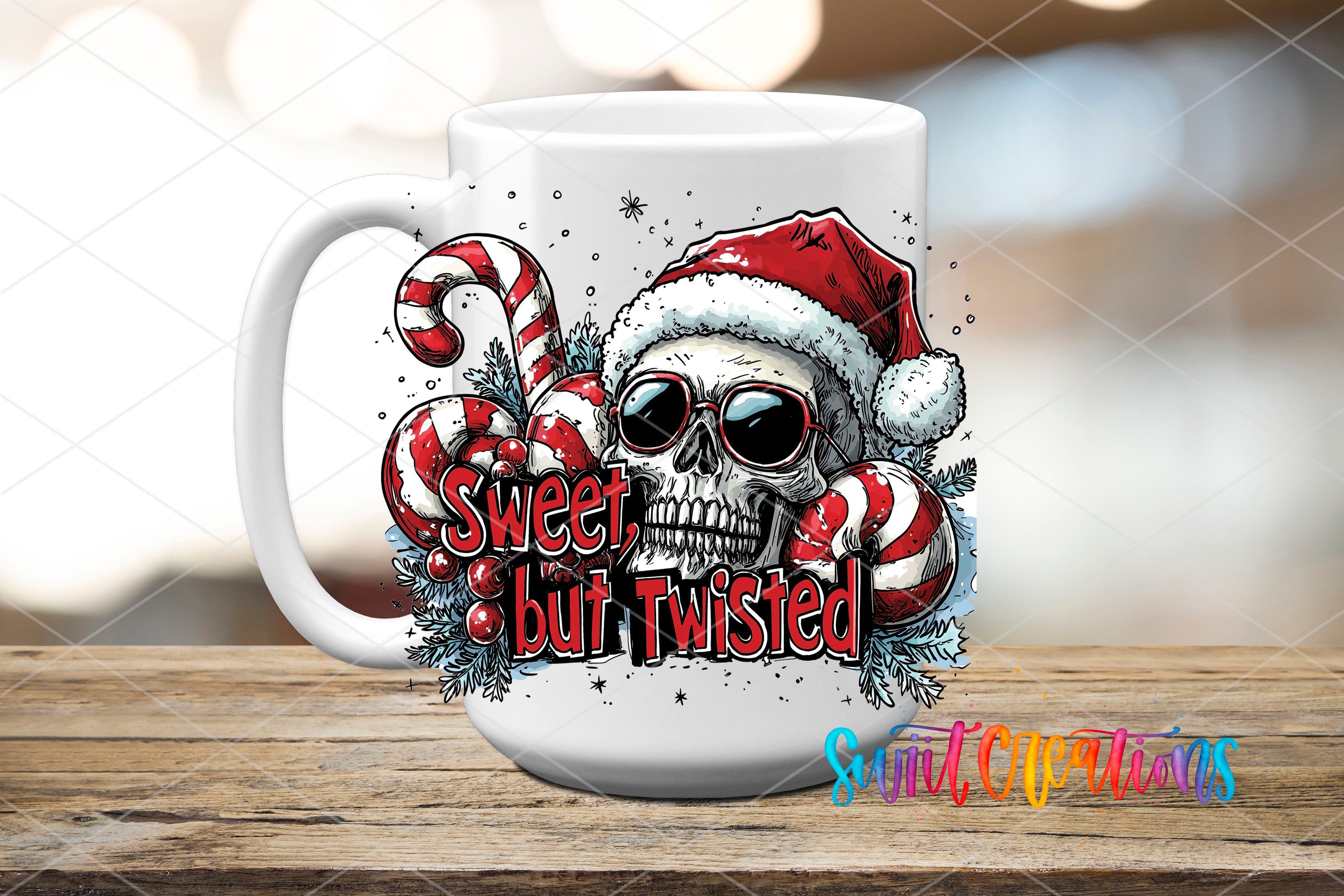 A white mug with a skull wearing a Santa hat and surrounded by candy canes and snowflakes, with the text "Sweet but Twisted" printed on it.