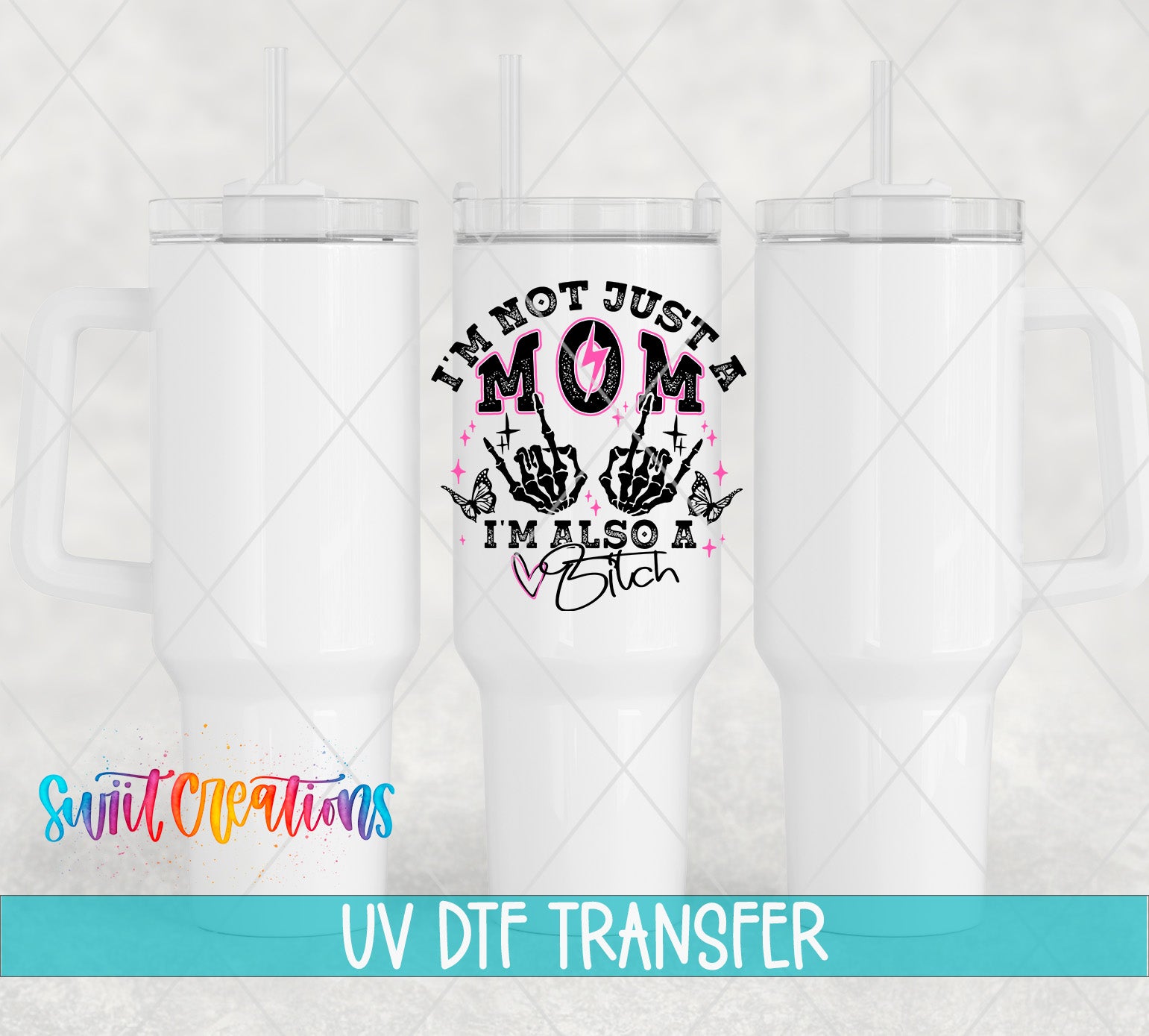 three white tumblers with a graphic design on them, including text and a hand gesture.