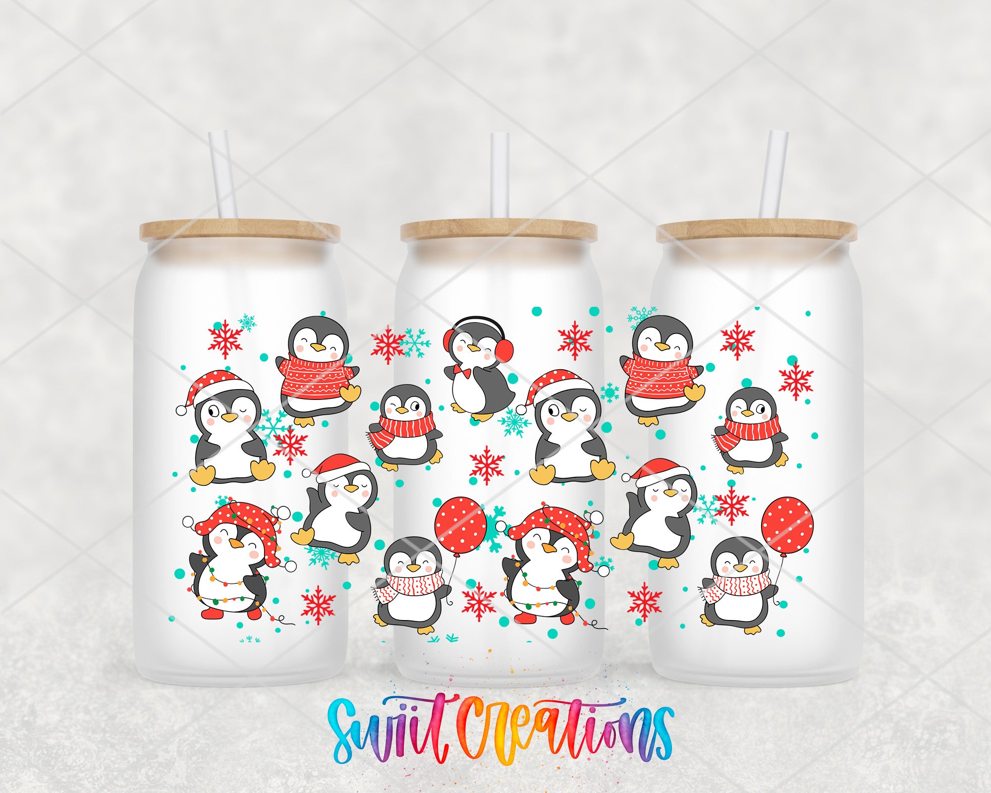 A collection of three white tumblers with a playful penguin design printed on them, featuring various penguin illustrations and snowflakes.