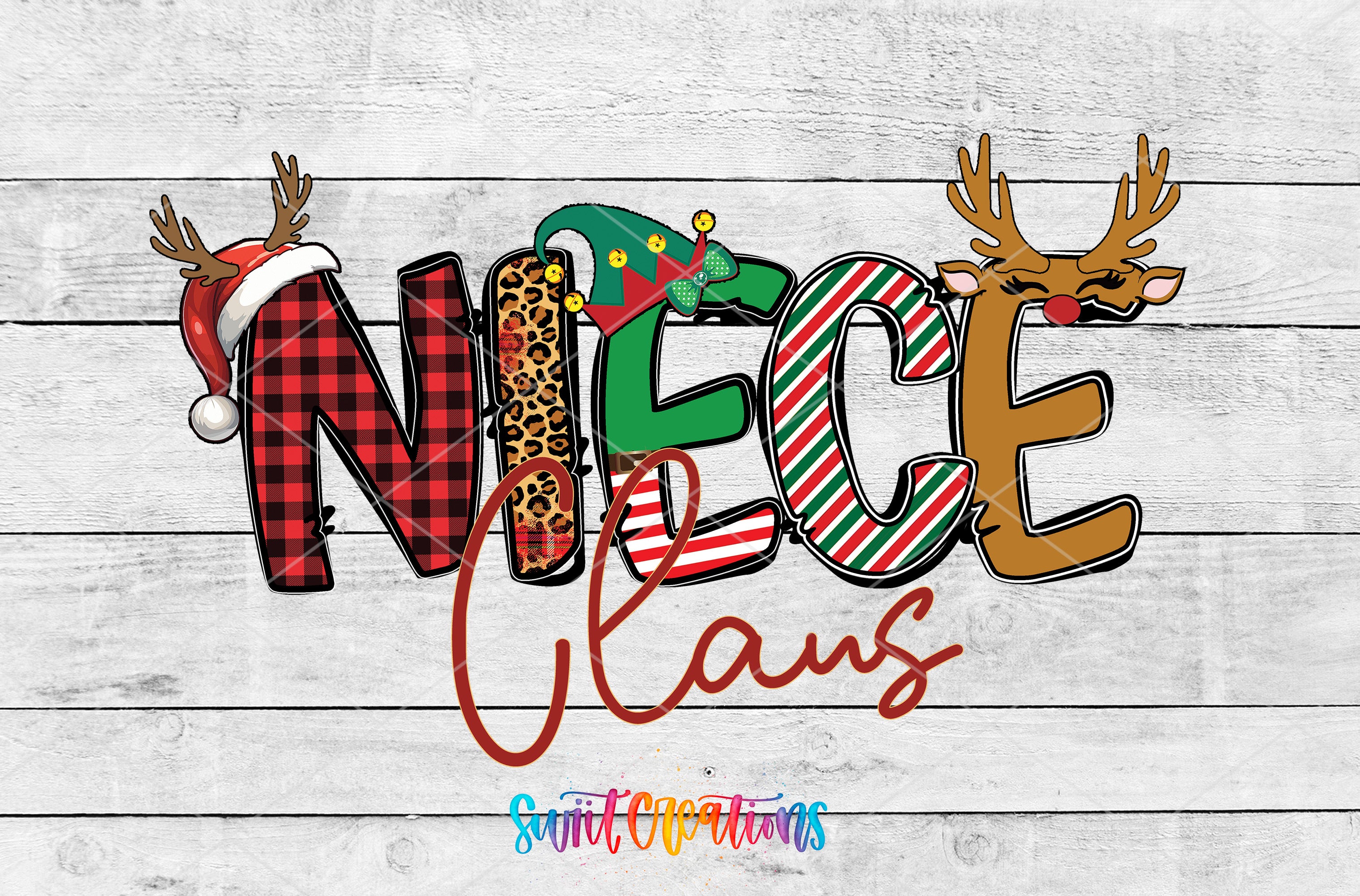 a collage of various Christmas-themed elements, including reindeer, a Santa hat, and the word "Niece" in a stylized font.