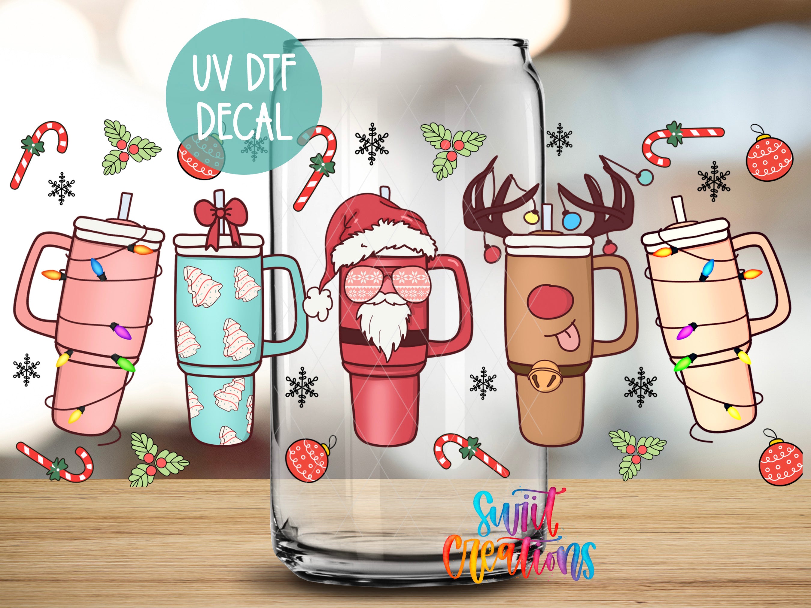 A glass decal featuring a Santa Claus mug, a reindeer mug, and a mug with Christmas lights, surrounded by snowflakes and candy canes.