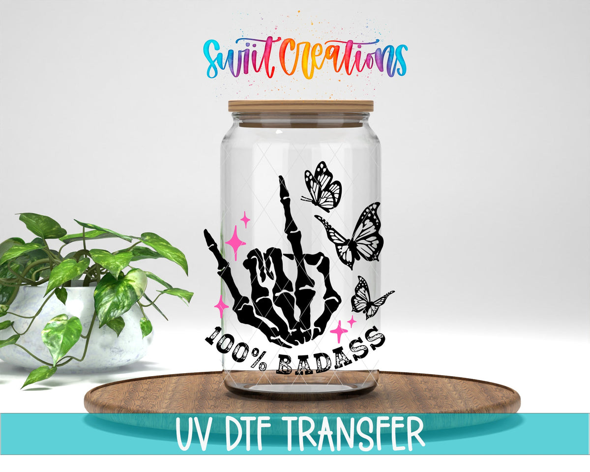 100% Badass UV DTF transfer displayed on a clear jar mockup from Swiit Creations