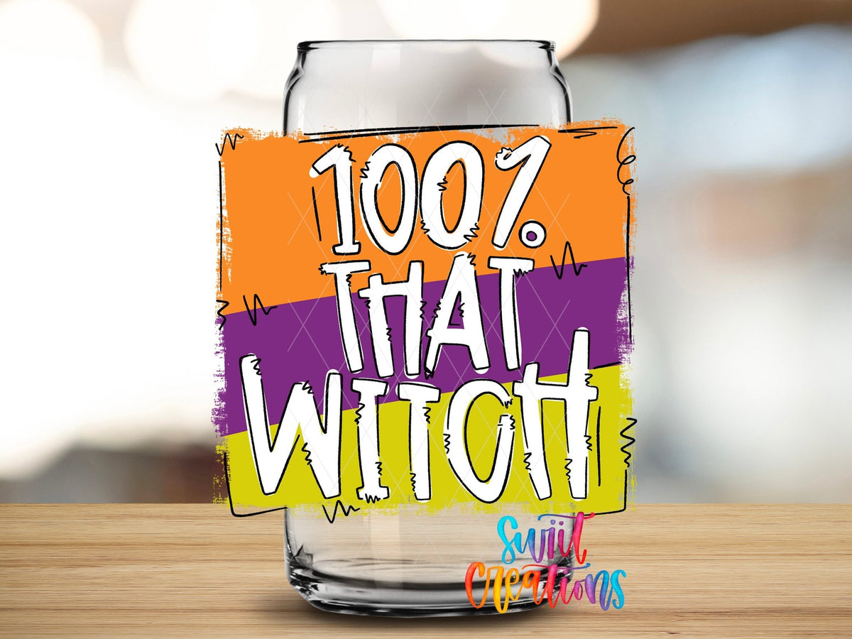Swiit Creations UV DTF 100% That Witch Halloween transfer applied to a clear glass can