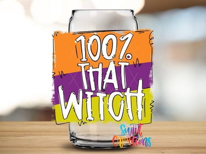 Swiit Creations UV DTF 100% That Witch Halloween transfer applied to a clear glass can