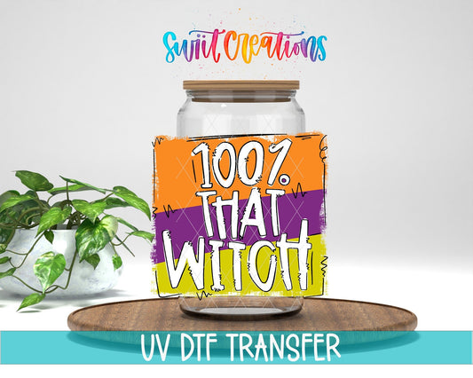 Swiit Creations UV DTF 100% That Witch Halloween transfer displayed on a clear jar mockup