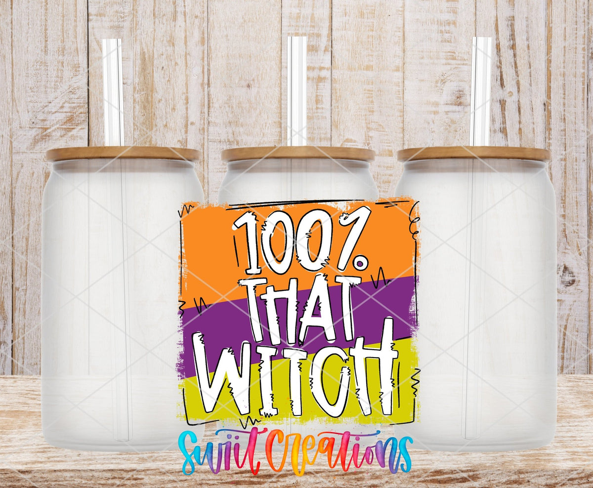 Swiit Creations UV DTF 100% That Witch Halloween transfer shown on a clear glass can set