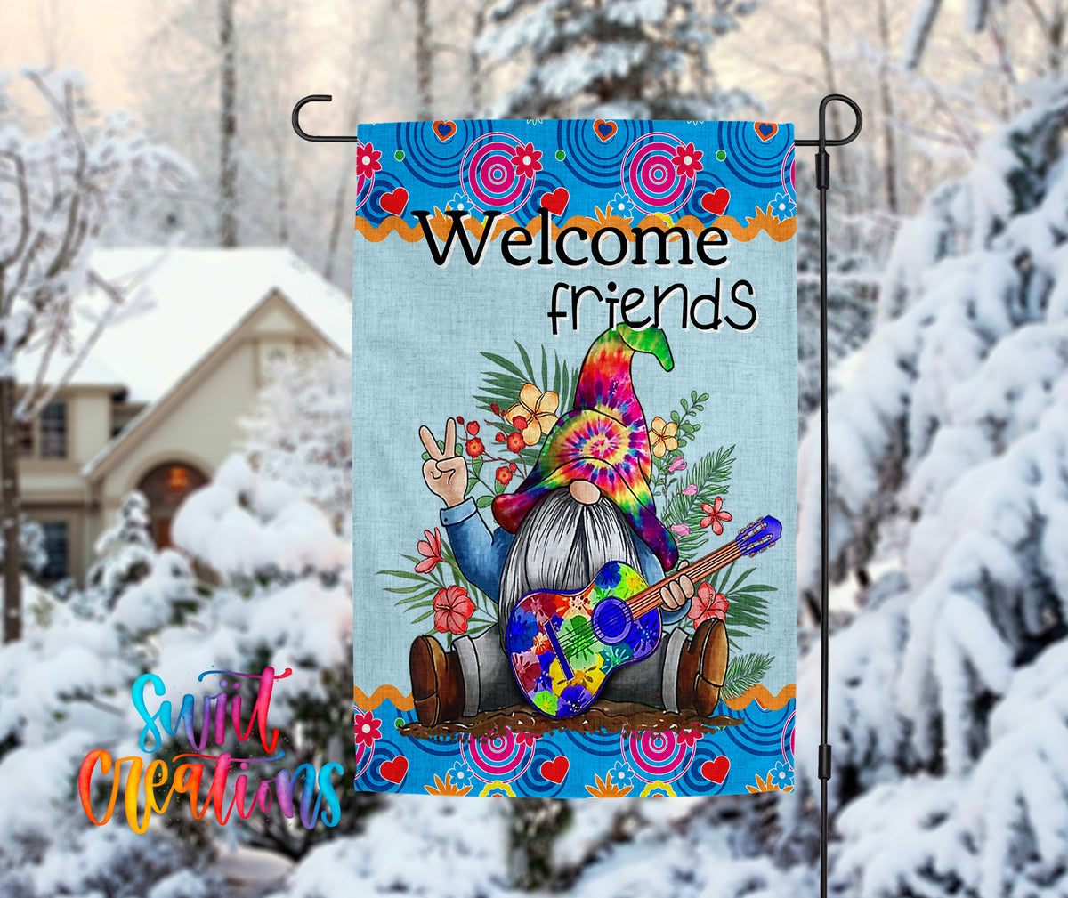 A colorful welcome sign featuring a gnome holding a peace sign, surrounded by flowers and snow, with a house in the background.