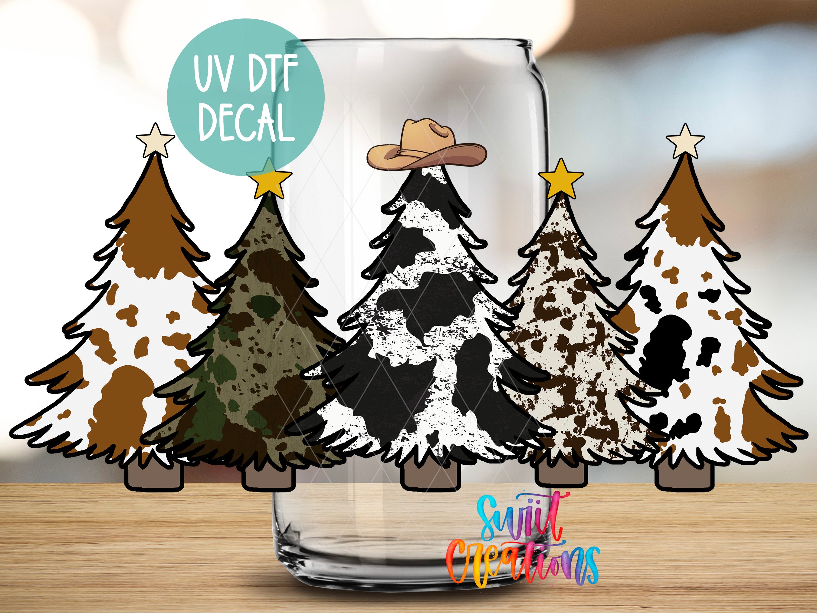 a collection of stylized Christmas trees with various patterns, including camouflage, snow, and stars, arranged in a glass jar.