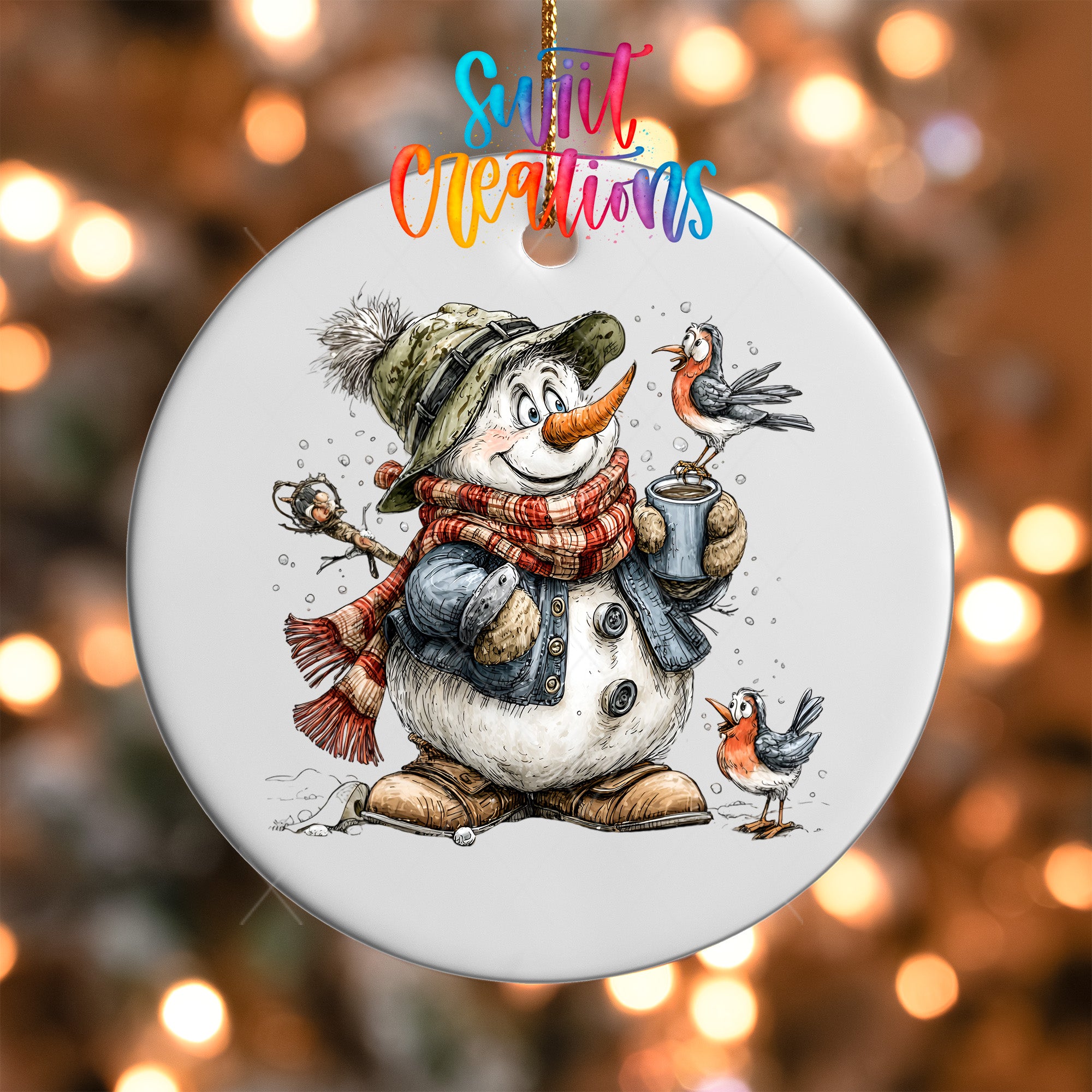 A snowman ornament with a bird perched on its shoulder, wearing a hat and scarf, and holding a cup, set against a blurred background with twinkling lights.